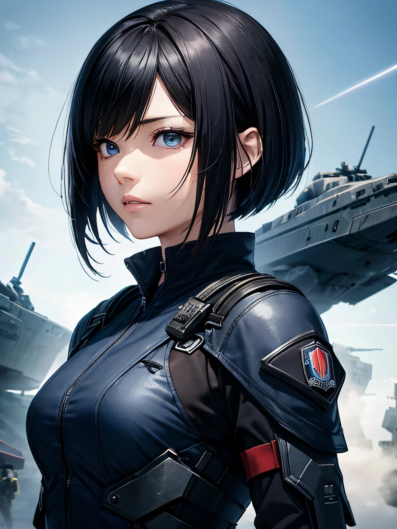 Official art、top-quality、超A high resolution、a science fiction film、adult  woman, 25 years old、Dark blue eyes、Black bob short-haired、military outfits、Full dress、Courteous military uniform、serious faces、Sharp eyes、Realistic face resolution、realisitic、Resolving Objects、The background is the battlefield、Spacecraft in the sky、Bullets fly around、Dynamic action
