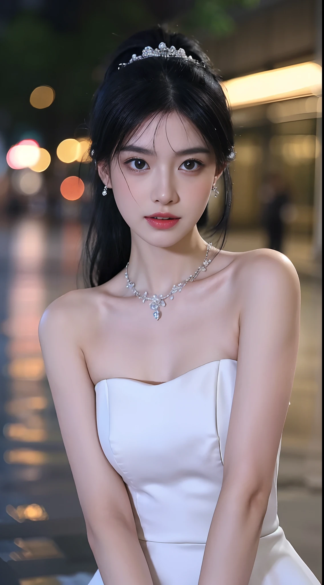 ((addielyn, wearing glass, black hair)), Random posture, (An extremely delicate and beautiful work), (masterpiece), 1girl, extremely detailed elegant wedding dress, tiara, highly detailed, ponytail contorted, charming expression, beautiful and clear eyes, green eye pupil, delicate necklace, delicate earrings, simple blurred background, extreme detail description, beautiful, charming, ultra-fine painting, delicate face, delicate figure, Fine collarbones, lovely lips, soft behind, mix4,(8k, RAW photo, best quality, masterpiece:1.2), (realistic, photo-realistic:1.37),1girl,cute,cityscape, night, rain, wet, professional lighting, photon mapping, radiosity, physically-based rendering, above waist,