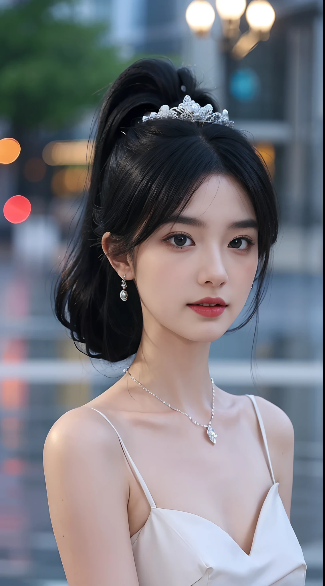 ((addielyn, wearing glass, black hair)), Random posture, (An extremely delicate and beautiful work), (masterpiece), 1girl, extremely detailed elegant wedding dress, tiara, highly detailed, ponytail contorted, charming expression, beautiful and clear eyes, green eye pupil, delicate necklace, delicate earrings, simple blurred background, extreme detail description, beautiful, charming, ultra-fine painting, delicate face, delicate figure, Fine collarbones, lovely lips, soft behind, mix4,(8k, RAW photo, best quality, masterpiece:1.2), (realistic, photo-realistic:1.37),1girl,cute,cityscape, night, rain, wet, professional lighting, photon mapping, radiosity, physically-based rendering, above waist,