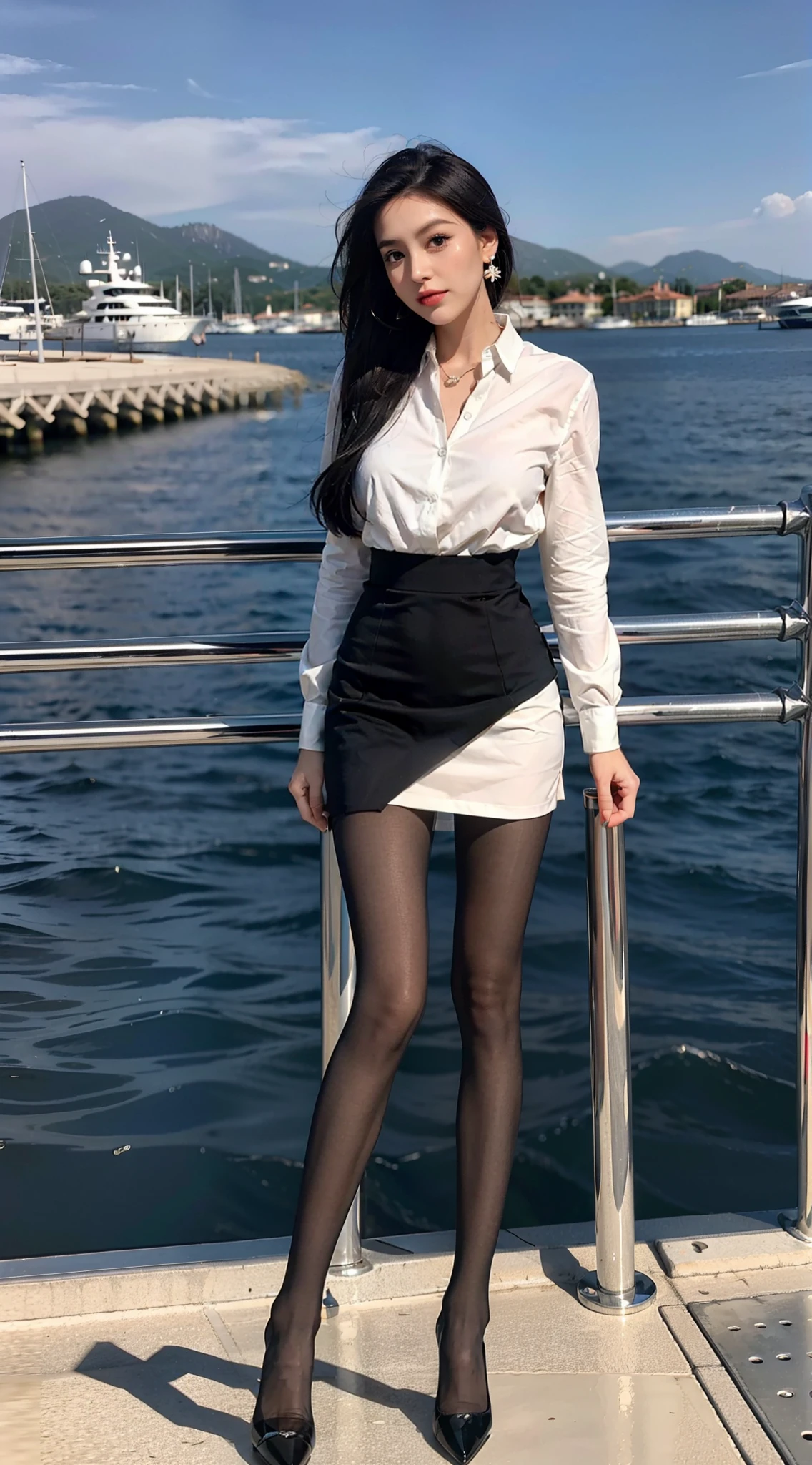 Single ball head，mature，Heavy makeup，Ultra-fine heel，Dark colorless pantyhose，ear studs，Long legs，are standing，Plenty of lighting，8K，In the daytime，on yacht