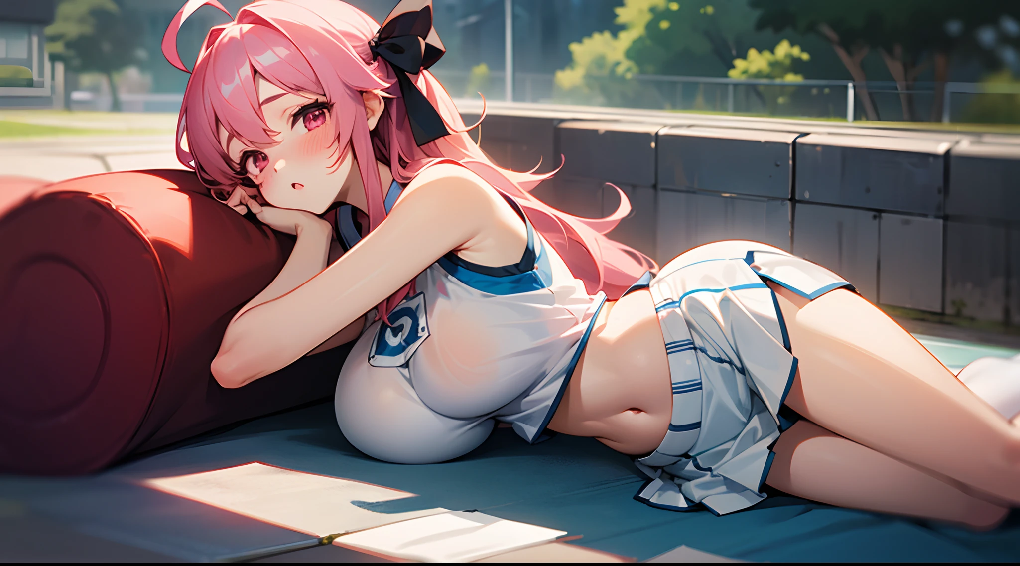 1 girl, game CG, see-through sleeveless blue gym uniform belly, button visible, short white skirt, hair ribbon, gigantic breasts, pink hair, long hair, straight hair, ahoge, pink eyes, outdoor, surprised, lying, blush,