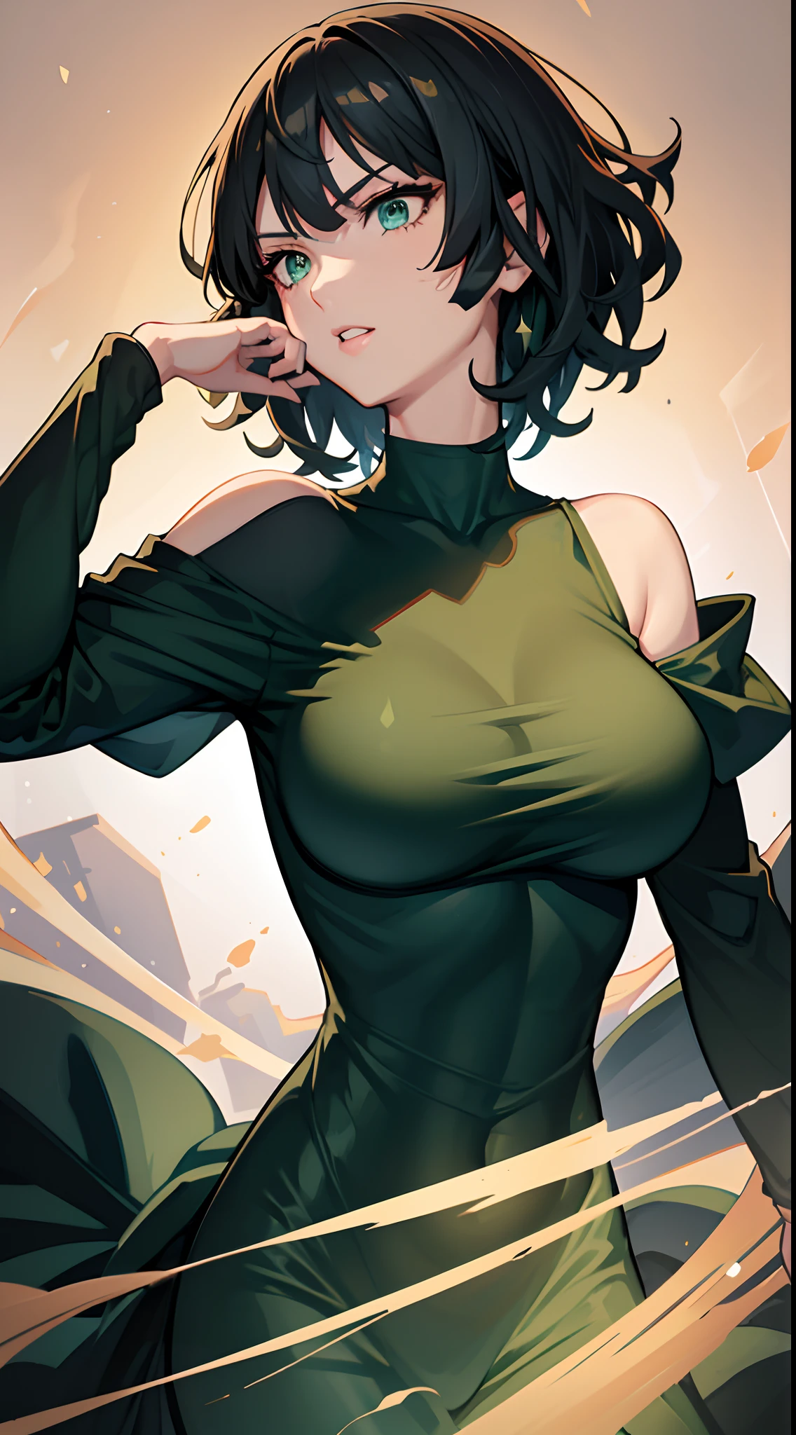 （best qualtiy，8K，32K，tmasterpiece，hyper HD：1.3），1个Giant Breast Girl，perfect bodies，Super detailed face，Bust photo，Large breasts，Black hair，Green clothes，upperbody closeup，Off-the-shoulder attire