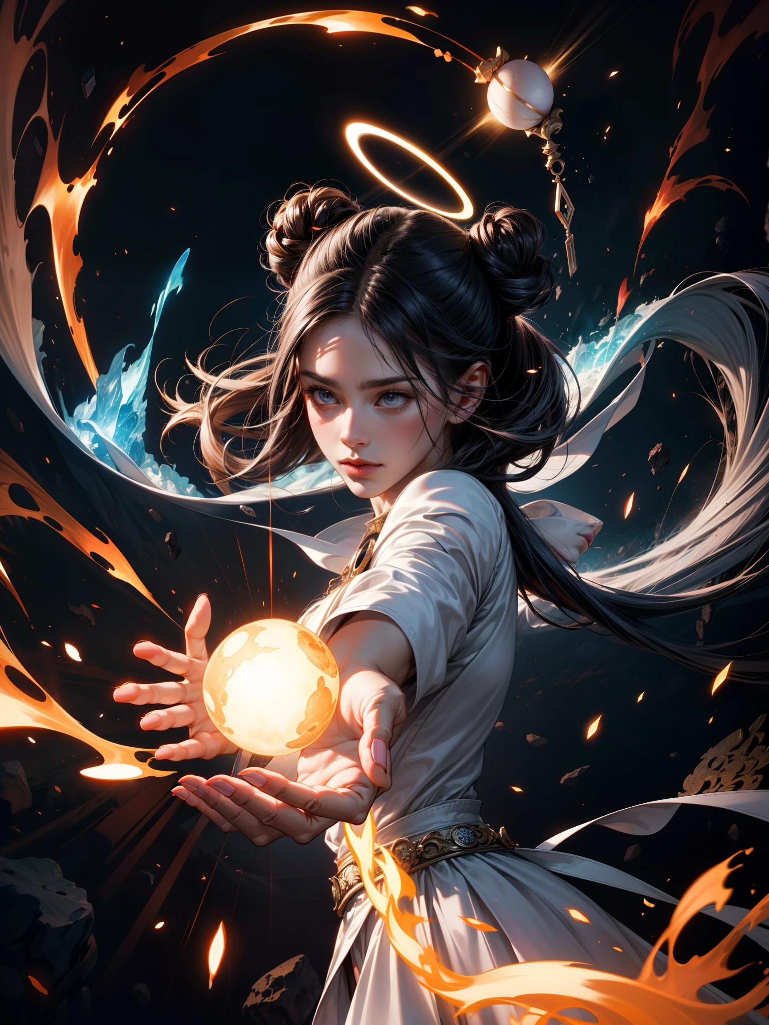 persephone, action scene, battle scene, elemental goddess throwing charged up blue elemental energy sphere, lightening, showing skills, elden ring, halo, in fire, fiery atmosphere, masterpiece, best quality, realistic, fujifilm gfx 100, UHD