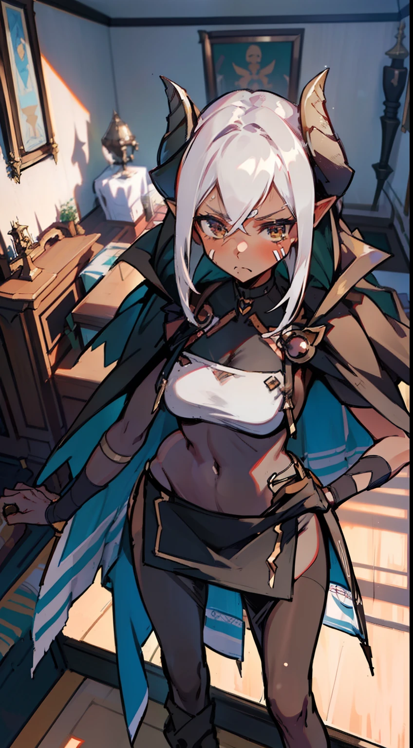 1girl 20 years,solo,(((brown skin))),angry face,black and golden short dress,medium tits,white hair,short hair,yellow eyes,elves ears,black horns,black pantyhose,Detailed,(long cape),(((standing in front of a room inside a castle)))