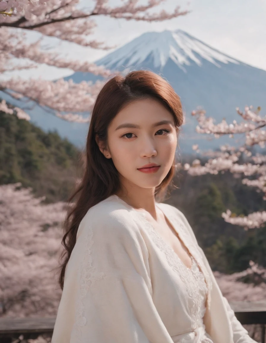 travellers, in the style of rap aesthetics, girl,Tokyo, Japan,make for a memorable photo. The background is to theJapan's Mount Fuji and flying cherry blossoms,photo taken with fujifilm superia, charly amani, oversized portraits, babycore, upper body