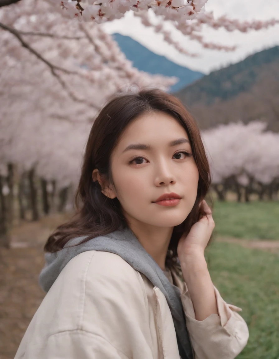 travellers, in the style of rap aesthetics, girl，Tokyo, Japan，make for a memorable photo.      The background is to theJapan's Mount Fuji and flying cherry blossoms，photo taken with fujifilm superia, charly amani, oversized portraits, core, upper body