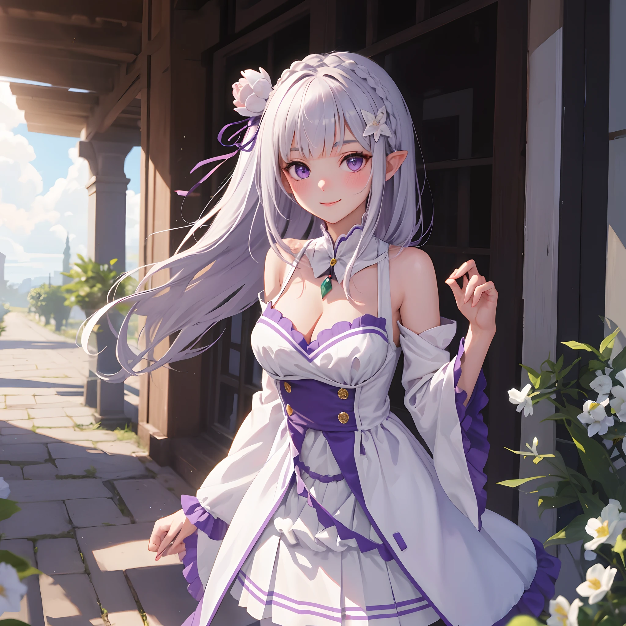 top-quality、hight resolution、ultra-detailliert、Emilia、Emilia Masterpiece、top-quality、 1girl in, bangss, Bare_shoulders, blunt_Bangs, bblurry, Blurry_Background, Blurry_Foreground, red blush, Braids, breastsout, cleavage of the breast, Closed_Mouth, clouds, diadems_braid, tag, Depth_in the_field, Detached_sleeves, doress, Emilia_\(Re:Staynight\), eyebrows_Visible_through_hair, florals, Pedras preciosas, hair_flower, hair_ornament detached, hair_bow ribbon, lens_f lare, long_hair, up looking_で_viewer, low-tied_long_hair, Medium_breasts, One_eye_Closed, plein air, pleats_Skirt, spiky_Ears, Purple_Eyes, Purple_bow ribbon, bow ribbon, Silver_hair, skirt by the, Skysky, A smile, 独奏, very_long_hair, white_flower