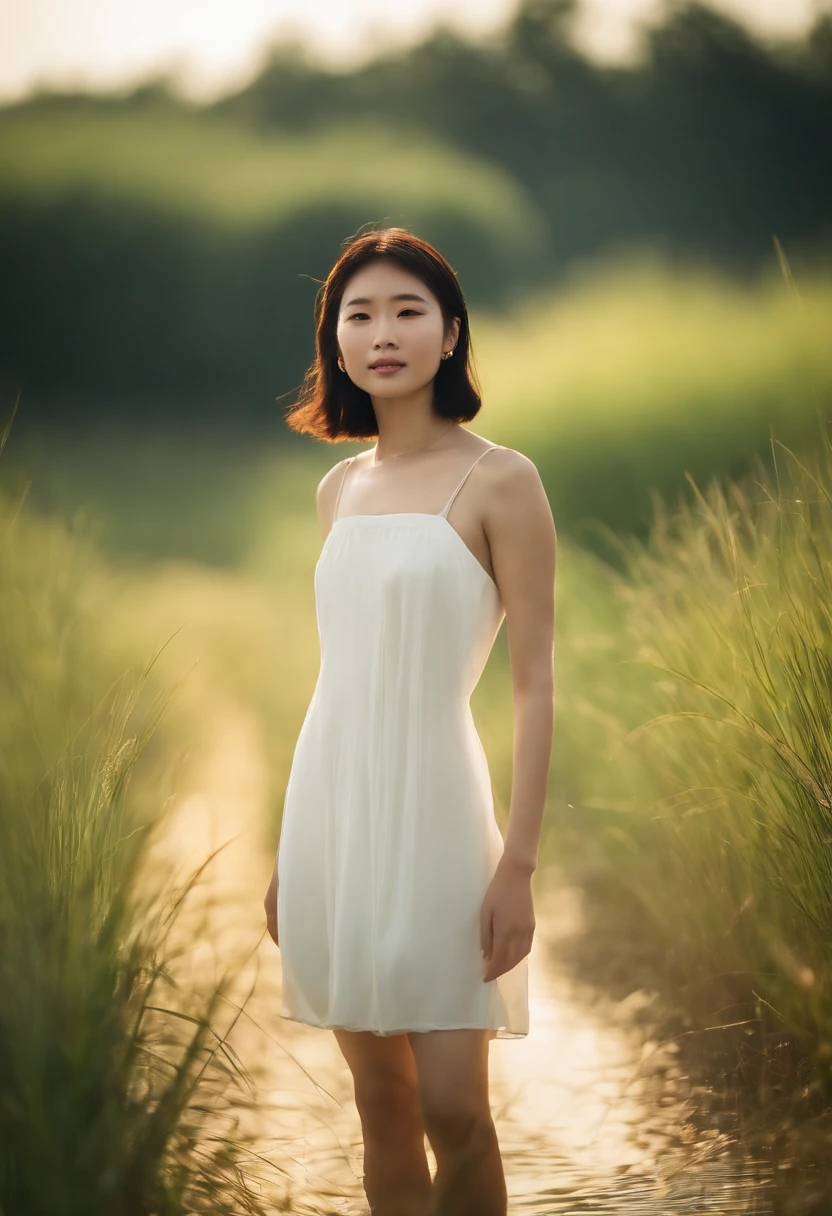 close up shot, A beautiful 18 years old Chinese girl, short hair, walking in the summer reed marshes, with green light ray, filled with summer vibe, film grain::2, portrait shot, in the style of renko kawauchi’s photography::2, no reflection, rich detail, White chinese dress, sunlight, light, 120mm focal length, ISO400::1, film grain::3, angle, natural light, bright, soft, minimalist, clear subject, 4K, product shot, realistic details, perfect photo