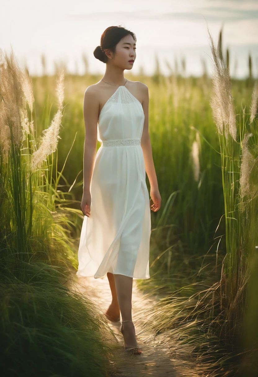 close up shot, A beautiful 18 years old Chinese girl, short hair, walking in the summer reed marshes, with green light ray, filled with summer vibe, film grain::2, portrait shot, in the style of renko kawauchi’s photography::2, no reflection, rich detail, White chinese dress, sunlight, light, 120mm focal length, ISO400::1, film grain::3, angle, natural light, bright, soft, minimalist, clear subject, 4K, product shot, realistic details, perfect photo