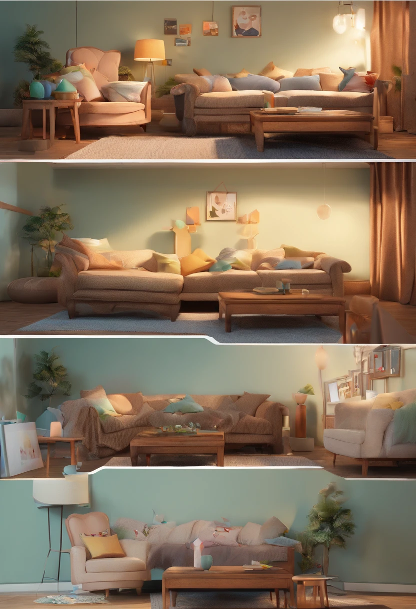 Picture book style、5An old boy is curled up on the sofa with a stomachache