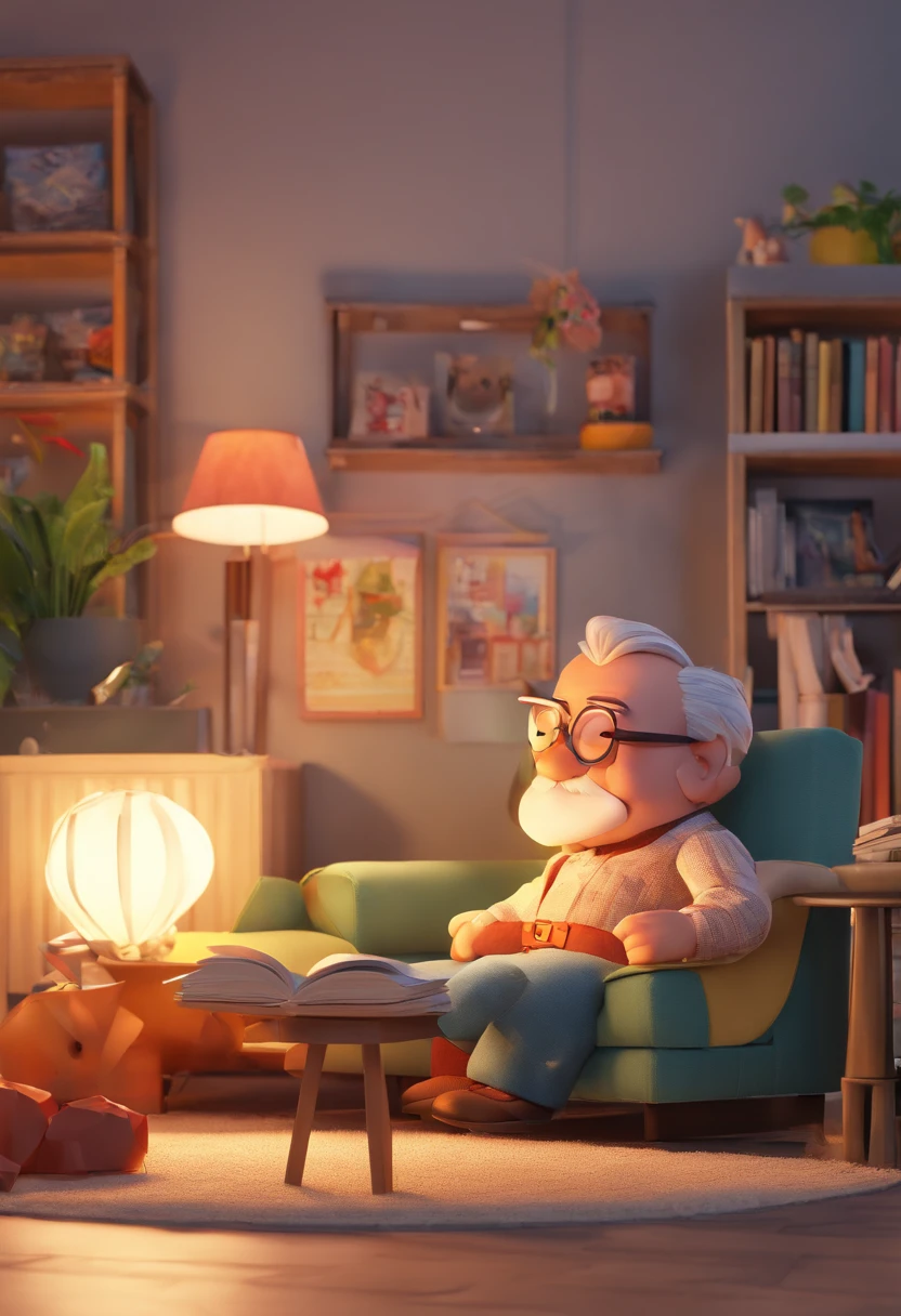 Picture book style、5An old boy is curled up on the sofa with a stomachache