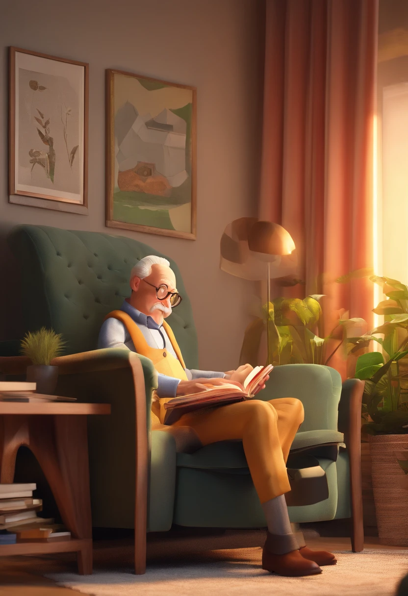 Picture book style、５An old boy is curled up on the sofa with a stomachache