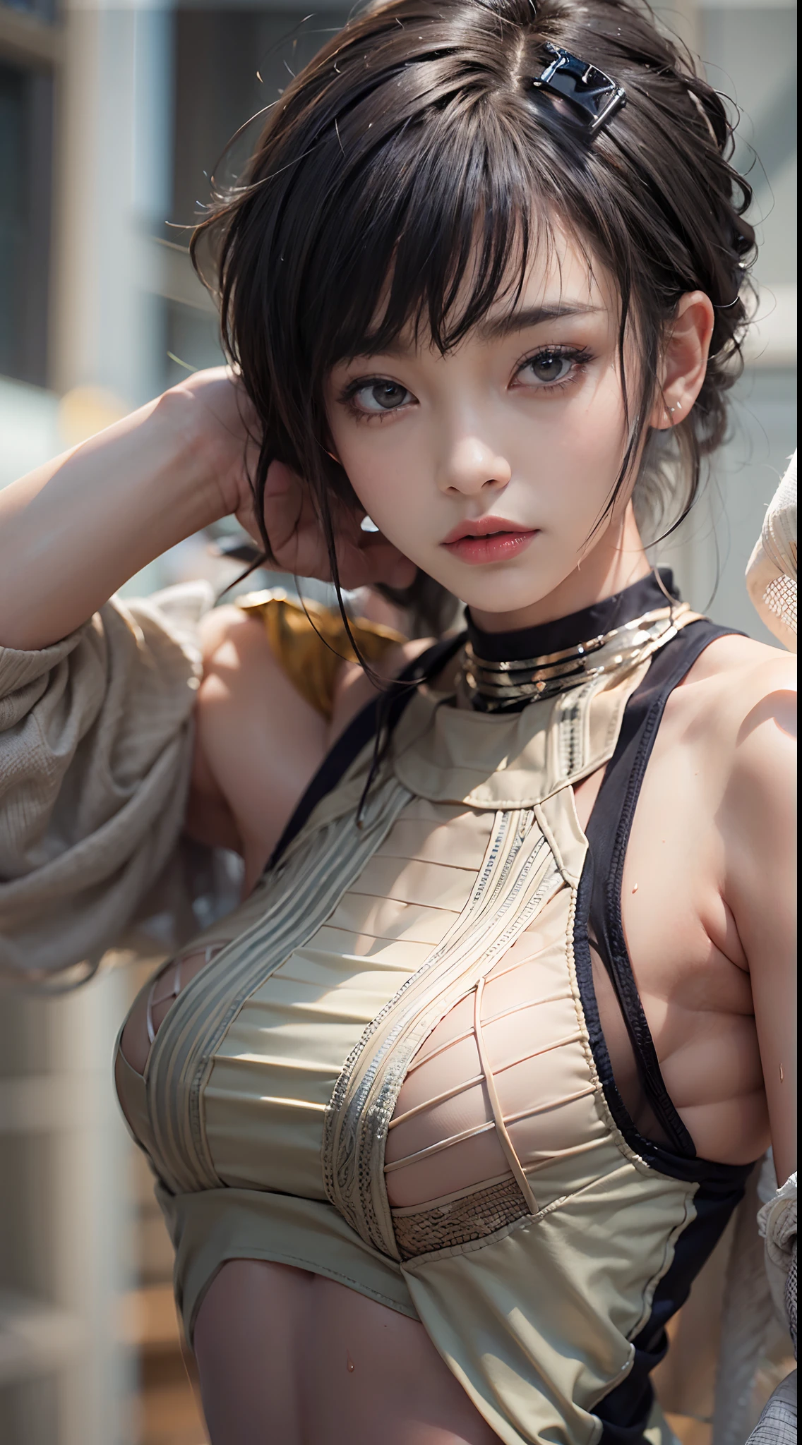 (NSFW), 1womanl, Solo, 24 year old, (cute face), (Ideal ratio body proportions), ((Female boxer)), Tank Tops, Boxer Briefs, The costume is sheer, Serious face, Wearing sweat, Wet, short-hair, Dark hair, small tits, A slender, Small buttocks, Skinny Legs, surrealism, Cinematic lighting, depth of fields, One-person viewpoint, F/1.8, 135 mm, nffsw, masutepiece, ccurate, Anatomically correct, Textured skin, Super Detail, high details, High quality, awardwinning, Best Quality, hight resolution, 8K