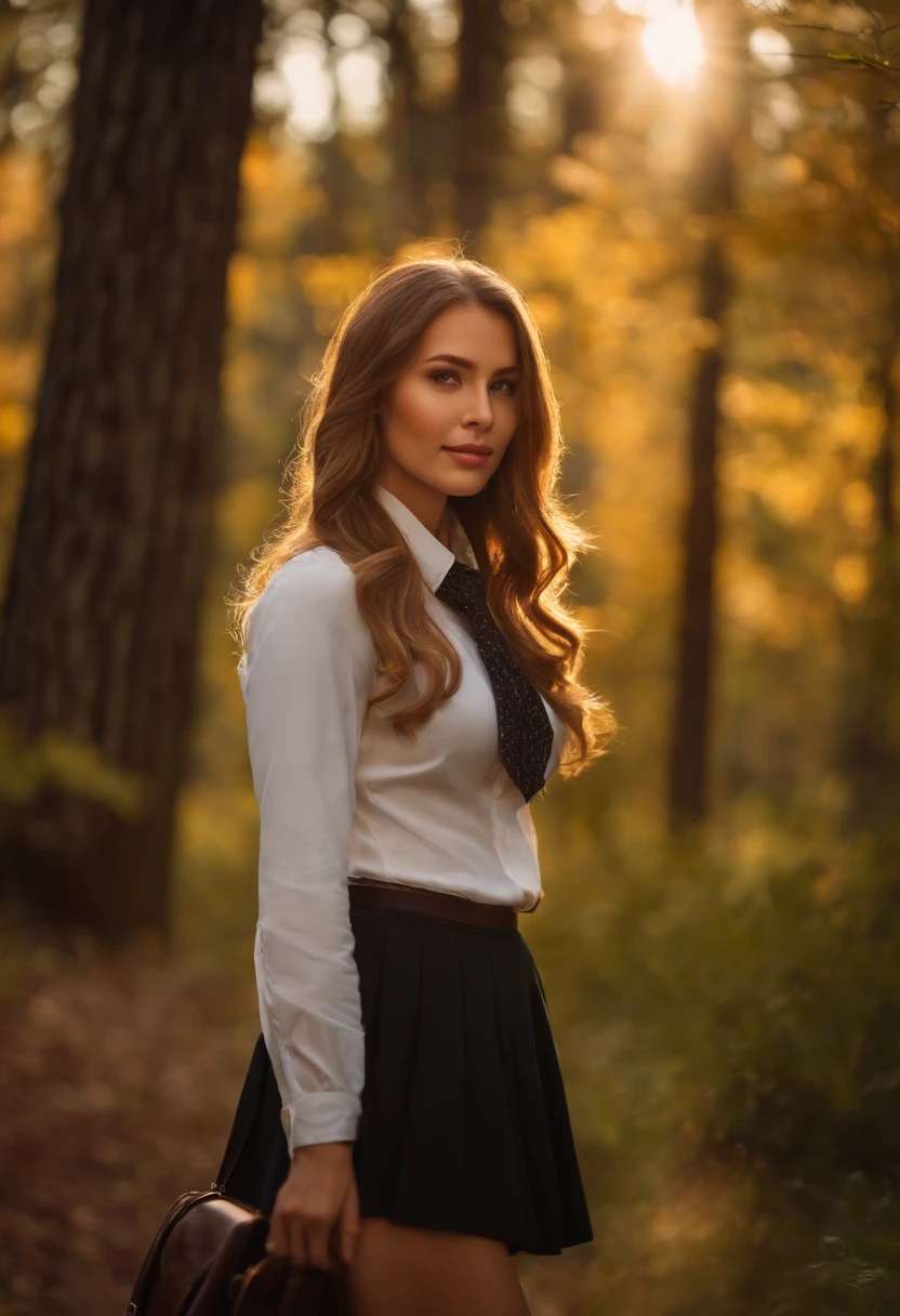 Best quality,masterpiece,ultra high res,raw photo,detail face,detailed skin,(realistic, photo-realistic:1.3),dramatic lighting,light on face,1girl,solo,cowboy shot,standing,Copper Hair,Forest,outdoors,looking at viewer,smile,long hair,bangs,ature female,milf,narrow waist,skinny,open clothes,black pantyhose,black jacket,school uniform,long sleeves,sleeves past wrists,collared shirt,pleated skirt,black skirt,miniskirt,plaid skirt,bag,shoes,black footwear,blazer,cardigan,plaid,school bag,necktie,high school,street,tree,lens flare,wind,