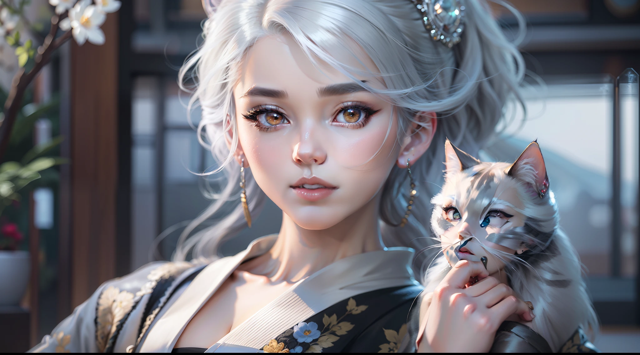 Anime - style image of beautiful woman with silver hair, very detailed Artgerm, In seductive kimono、Holding a black cat、3D CGI Anime Fantasy Artwork, 8k high quality detailed art, advanced digital anime art, Fanart Meilleure ArtStation, WLOP and Artgerm, 8k octae render photo, wlop glossy skin