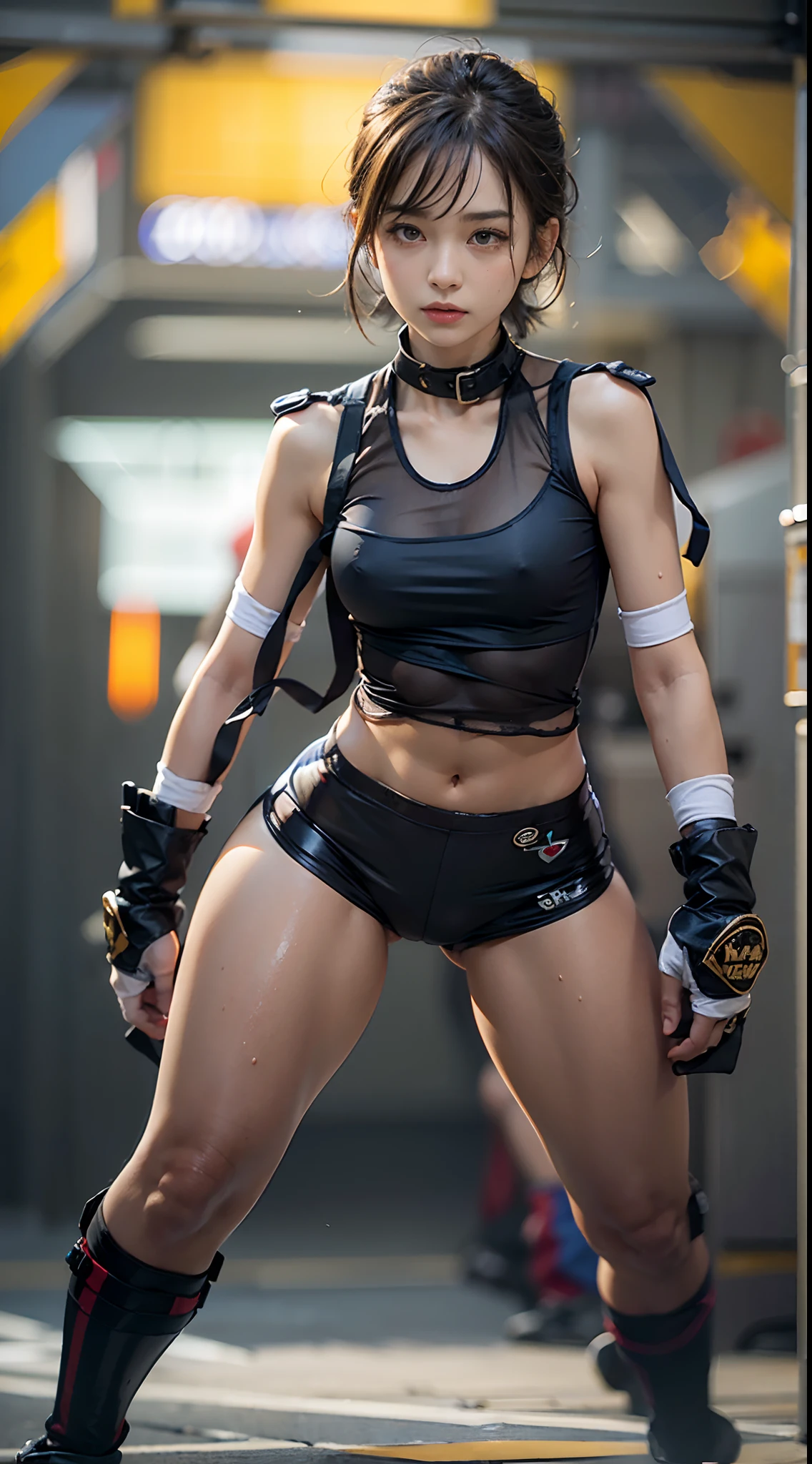 (NSFW), 1womanl, Solo, 24 year old, (cute face), (Ideal ratio body proportions), ((Female boxer)), Tank Tops, Boxer Briefs, The costume is sheer, Serious face, Wearing sweat, Wet, short-hair, Dark hair, small tits, A slender, Small buttocks, Skinny Legs, surrealism, Cinematic lighting, depth of fields, One-person viewpoint, F/1.8, 135 mm, nffsw, masutepiece, ccurate, Anatomically correct, Textured skin, Super Detail, high details, High quality, awardwinning, Best Quality, hight resolution, 8K