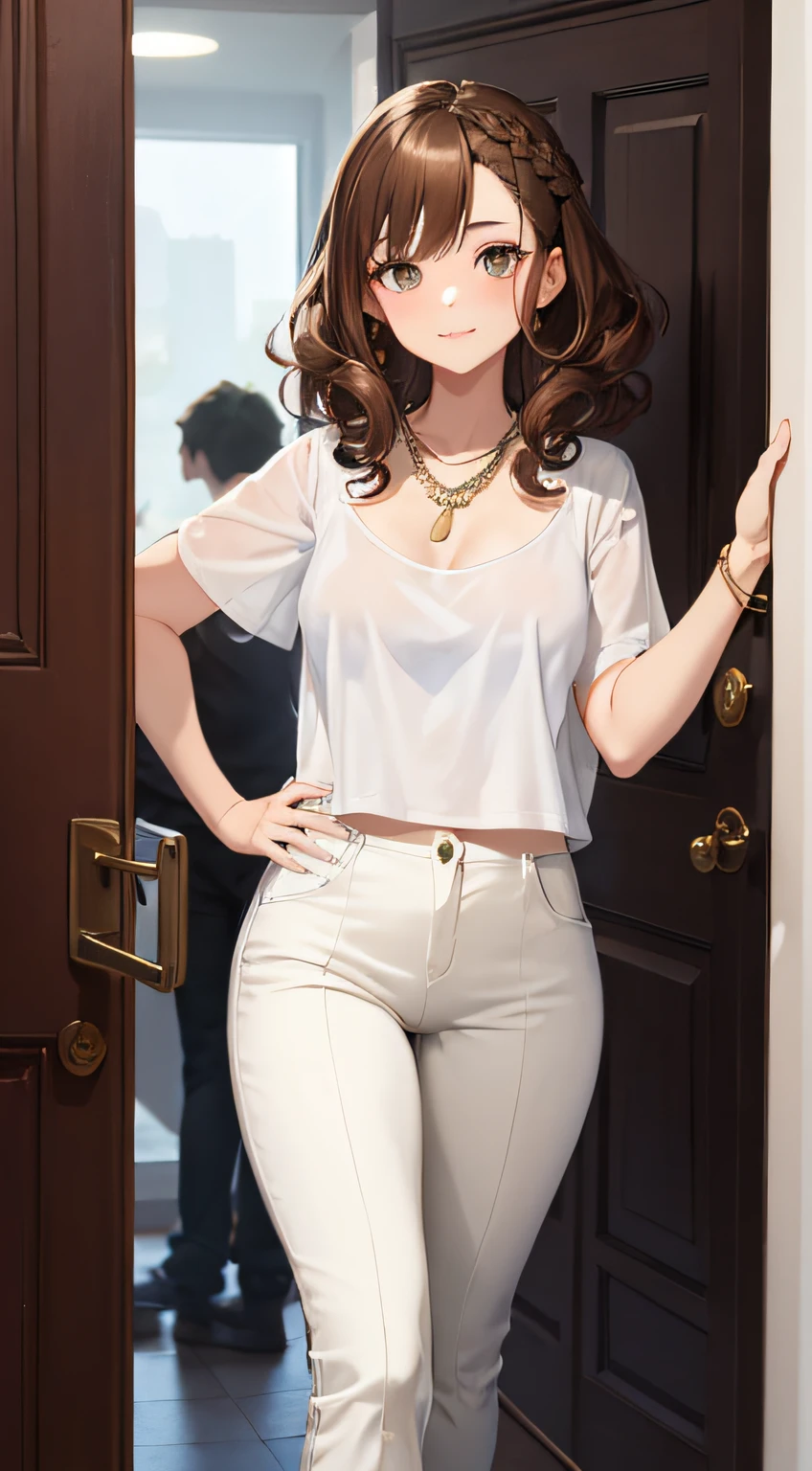 1girl, entering the door of the house French braid, brown and curly hair, olhos negros, olhos brilhantes, com uma blusa de gola alta, a pair of white alfrataia pants, uma bota preta, um sobretudo preto, a necklace around your neck