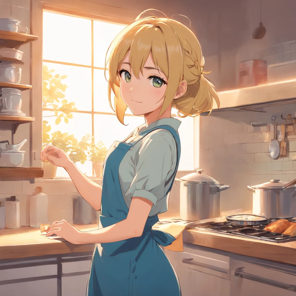 Flat anime style shading, anime woman, Anime-style characters, flat anime style,house wife、 Powerful poses, blonde  hair, pinafore, Powerful Pose Kitchen, Powerful anime girl,