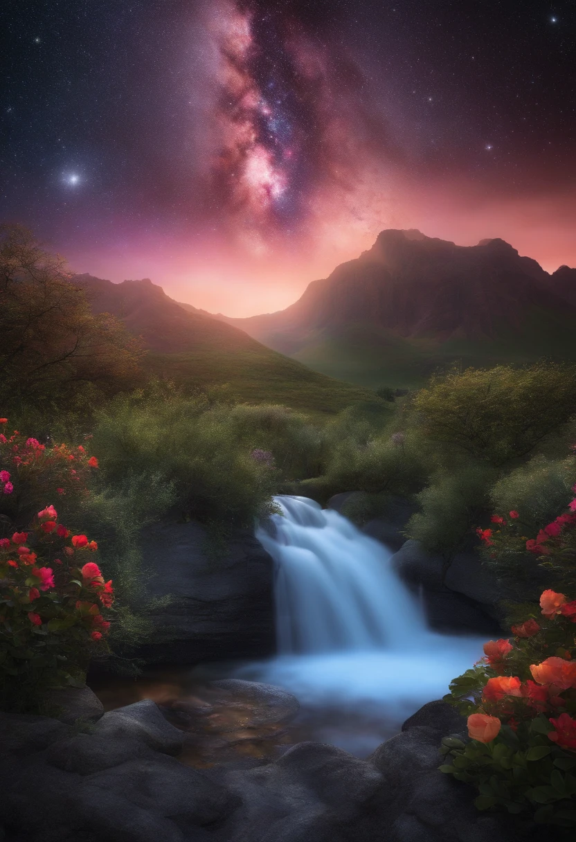 (best quality,4k,8k,highres,masterpiece:1.2),ultra-detailed,(realistic,photorealistic,photo-realistic:1.37), cosmic garden, vibrant colors, ethereal lighting, shining starry sky, blooming flowers, intersecting galaxies, floating nebulae, glittering celestial bodies, magnificent auroras, tranquil serenity, mystical atmosphere, dreamlike scenery