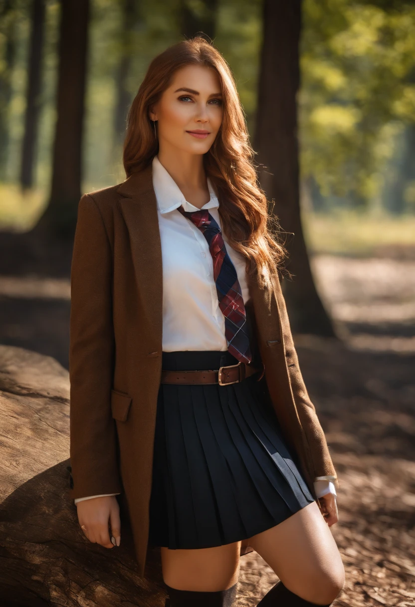 Best quality,masterpiece,ultra high res,raw photo,detail face,detailed skin,(realistic, photo-realistic:1.3),dramatic lighting,light on face,1girl,solo,cowboy shot,standing,Copper Hair,Forest,outdoors,looking at viewer,smile,long hair,bangs,ature female,milf,narrow waist,skinny,open clothes,black pantyhose,black jacket,school uniform,long sleeves,sleeves past wrists,collared shirt,pleated skirt,black skirt,miniskirt,plaid skirt,bag,shoes,black footwear,blazer,cardigan,plaid,school bag,necktie,high school,street,tree,lens flare,wind,