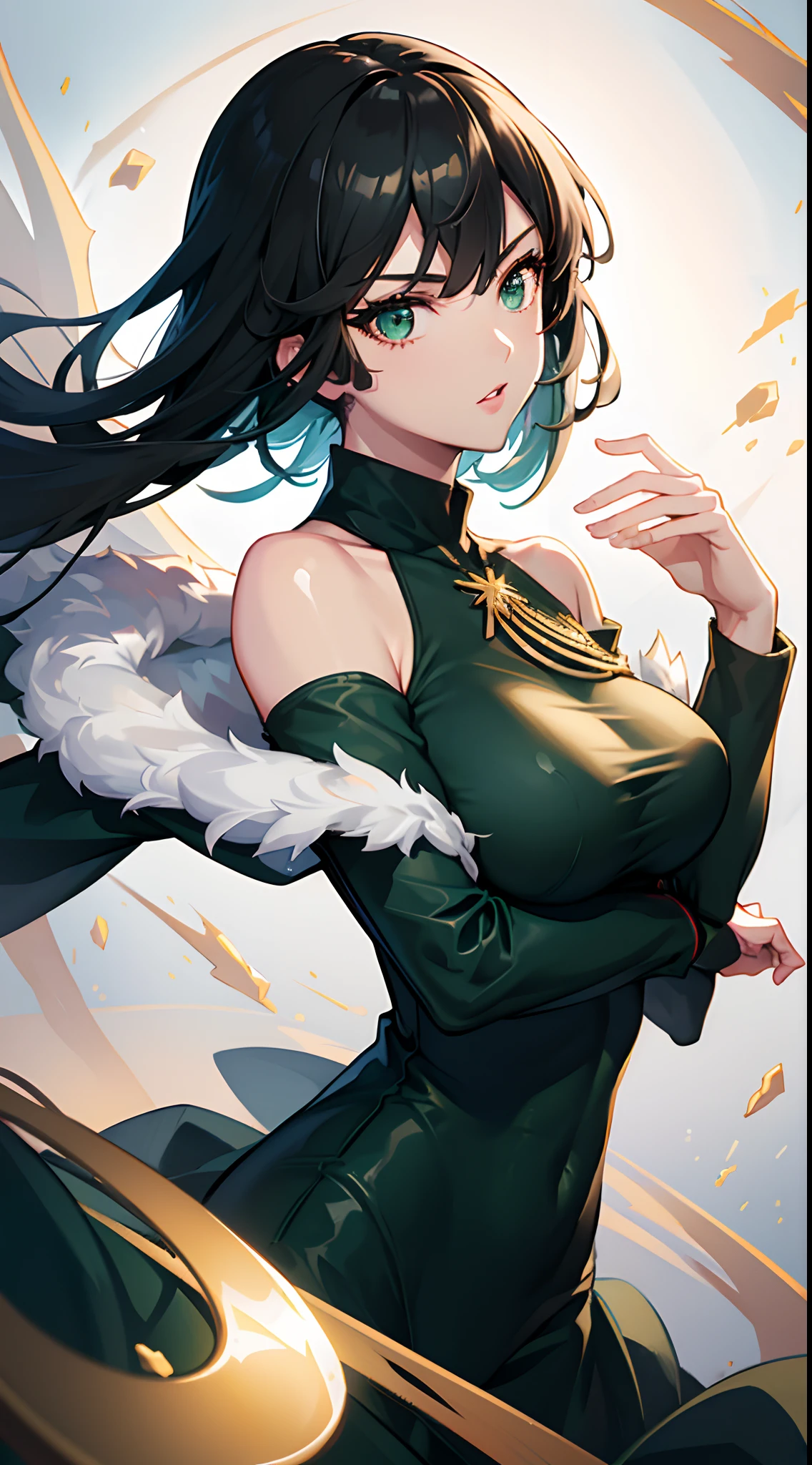 （best qualtiy，8K，32K，tmasterpiece，hyper HD：1.3），1个Giant Breast Girl，perfect bodies，Super detailed face，Bust photo，Large breasts，Black hair，Green clothes，upperbody closeup，Off-the-shoulder attire