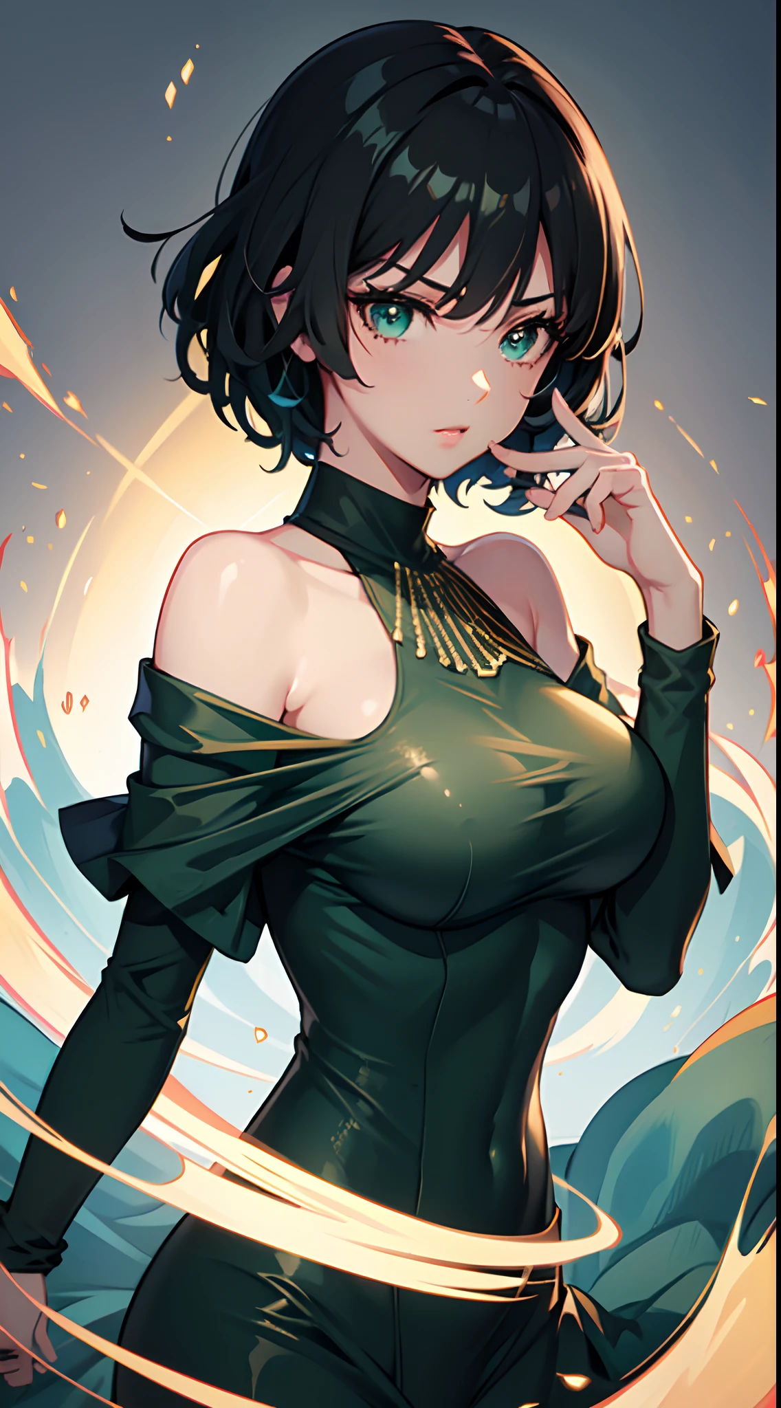 （best qualtiy，8K，32K，tmasterpiece，hyper HD：1.3），1个Giant Breast Girl，perfect bodies，Super detailed face，Bust photo，Large breasts，Black hair，Green clothes，upperbody closeup，Off-the-shoulder attire