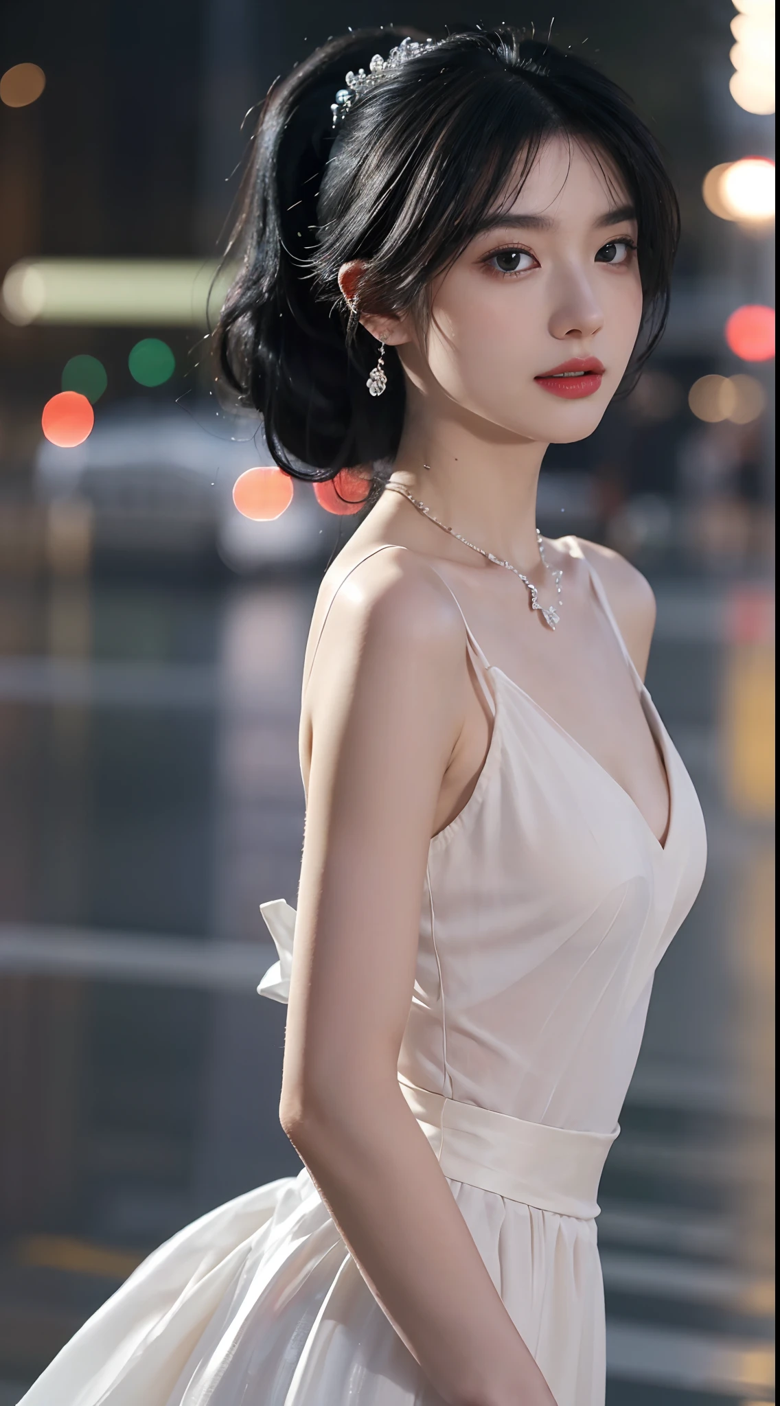 ((addielyn, wearing glass, black hair)), Random posture, (An extremely delicate and beautiful work), (masterpiece), 1girl, extremely detailed elegant wedding dress, tiara, highly detailed, ponytail contorted, charming expression, beautiful and clear eyes, green eye pupil, delicate necklace, delicate earrings, simple blurred background, extreme detail description, beautiful, charming, ultra-fine painting, delicate face, delicate figure, Fine collarbones, lovely lips, soft behind, mix4,(8k, RAW photo, best quality, masterpiece:1.2), (realistic, photo-realistic:1.37),1girl,cute,cityscape, night, rain, wet, professional lighting, photon mapping, radiosity, physically-based rendering, above waist,
