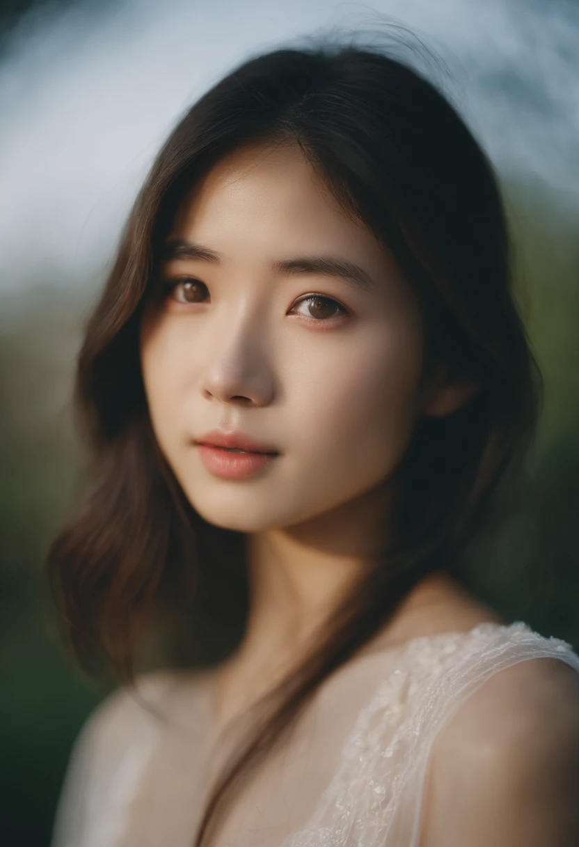 This is a close-up front view portrait of a 20-year-old beautiful Japanese girl, photographed by Hidemi Shimura. The image captures the girl with water on her face, with soft lighting that emphasizes her innocent and pure eyes, highlighting every detail. ,with a pale face set against a blue sky, with a misty and foggy, dreamy haze. The image is photorealistic, ultra-high definition, and showcases intricate details that were captured with manual focus.kadak portra 400nc, SMC Pentax 75mm F2.8AL
