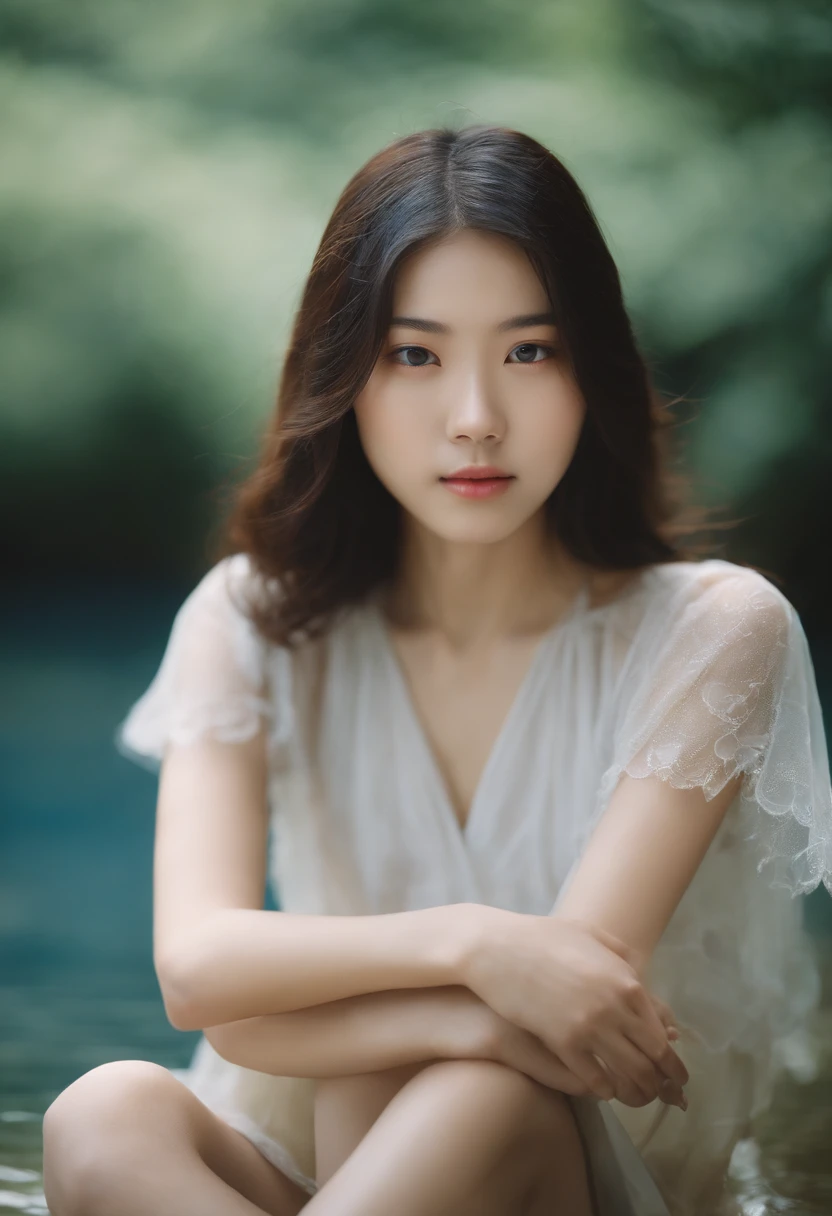 This is a close-up front view portrait of a 20-year-old beautiful Japanese girl, photographed by Hidemi Shimura. The image captures the girl with water on her face, with soft lighting that emphasizes her innocent and pure eyes, highlighting every detail. ,with a pale face set against a blue sky, with a misty and foggy, dreamy haze. The image is photorealistic, ultra-high definition, and showcases intricate details that were captured with manual focus.kadak portra 400nc, SMC Pentax 75mm F2.8AL