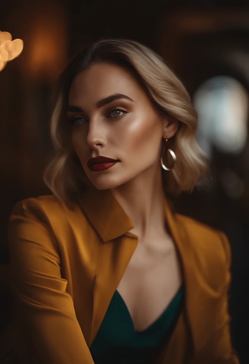 crie uma foto realista de uma mulher empoderada, empreendedora com cores de fundo avermelhada e dourada, bringing an aspect of nobility mixed with a technological and modern woman using an iPhone 14 pro max