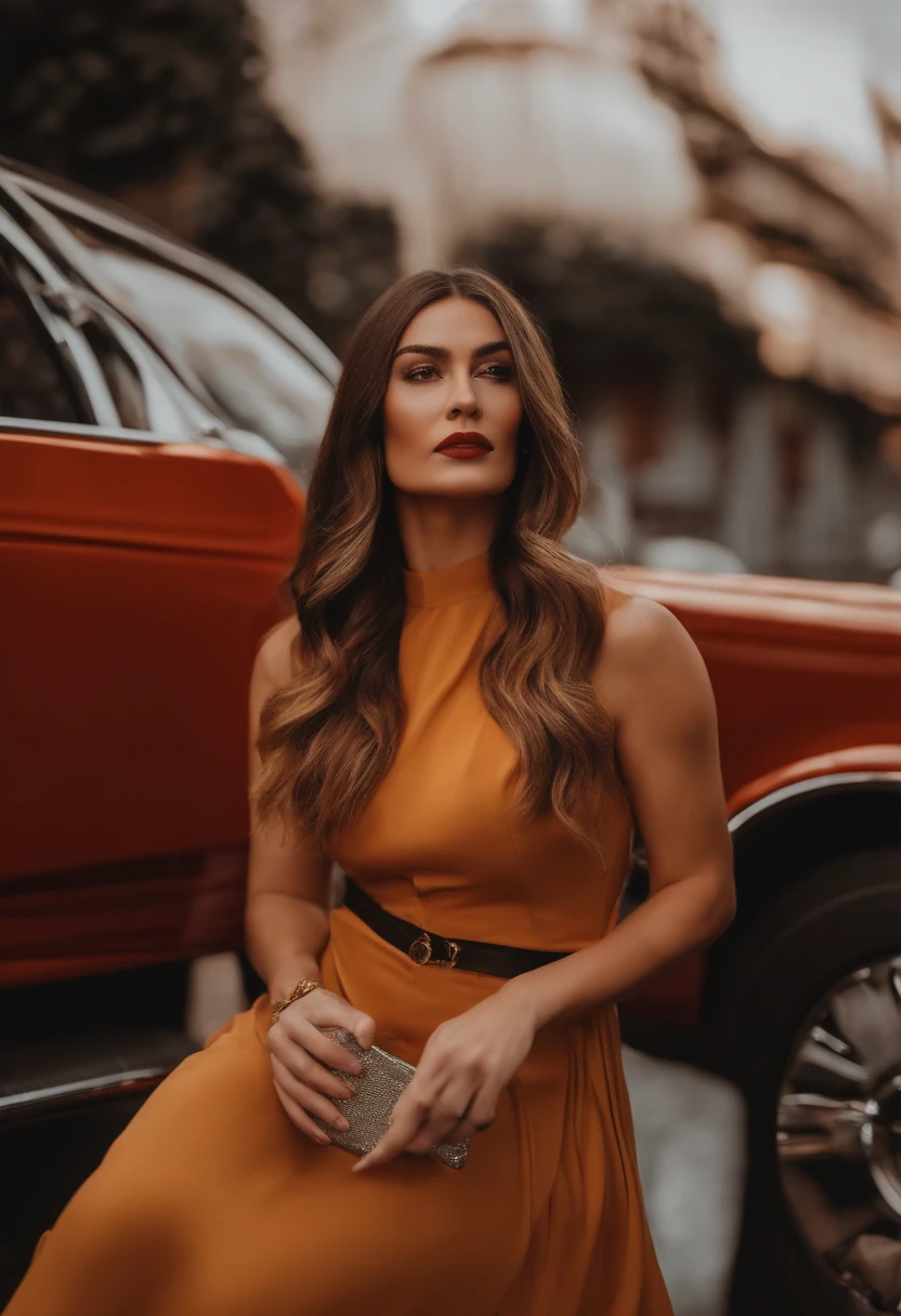 crie uma foto realista de uma mulher empoderada, empreendedora com cores de fundo avermelhada e dourada, bringing an aspect of nobility mixed with a technological and modern woman using an iPhone 14 pro max