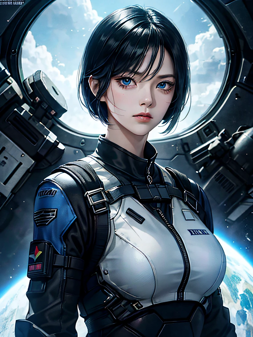 Official art、top-quality、超A high resolution、Dynamic action、a science fiction film、adult  woman, 25 years old、Dark blue eyes、Black bob short-haired、military outfits、Full dress、Courteous military uniform、serious faces、Sharp eyes、Realistic face resolution、realisitic、Resolving Objects、The background is the battlefield、Spacecraft in the sky、Bullets fly around