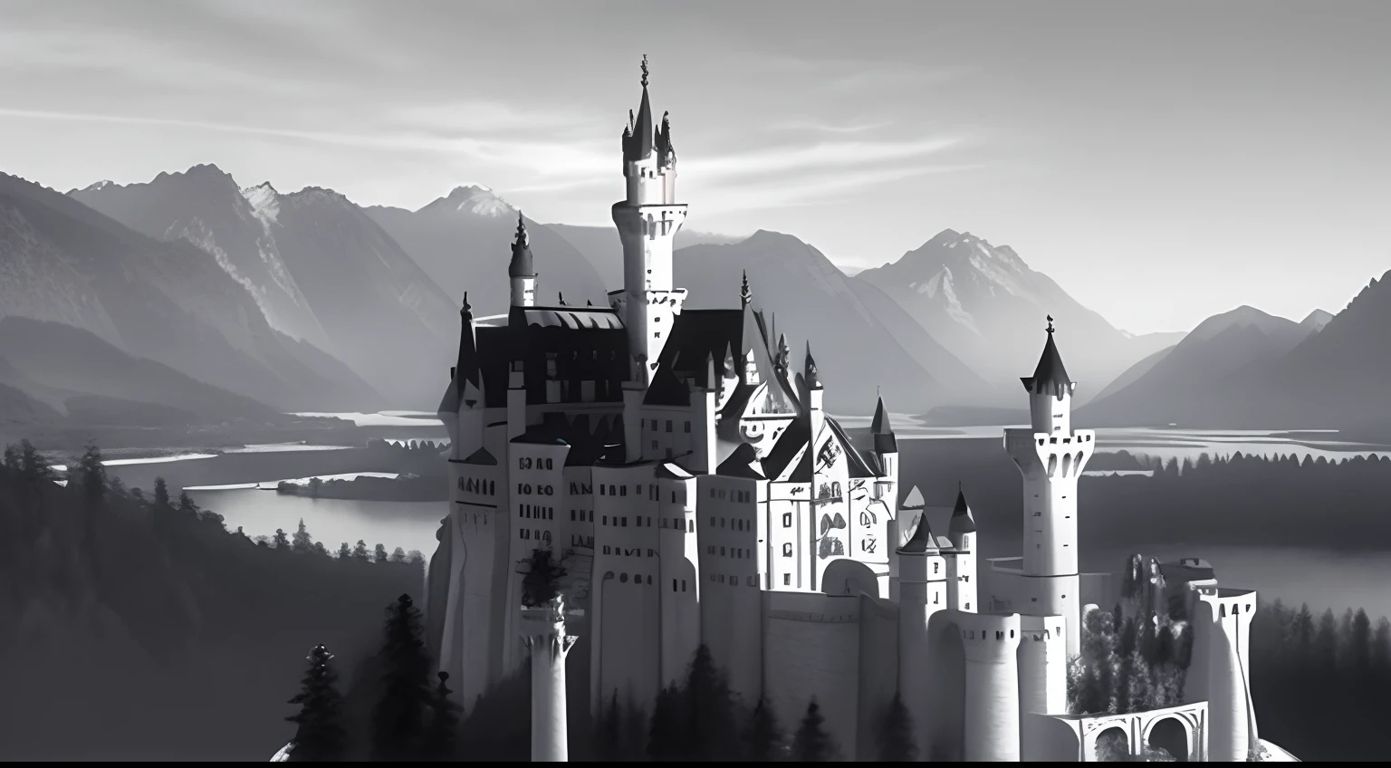 Monochromatic Landscape Art, Neuschwanstein Castle, air viewing, grayscale paint, art,