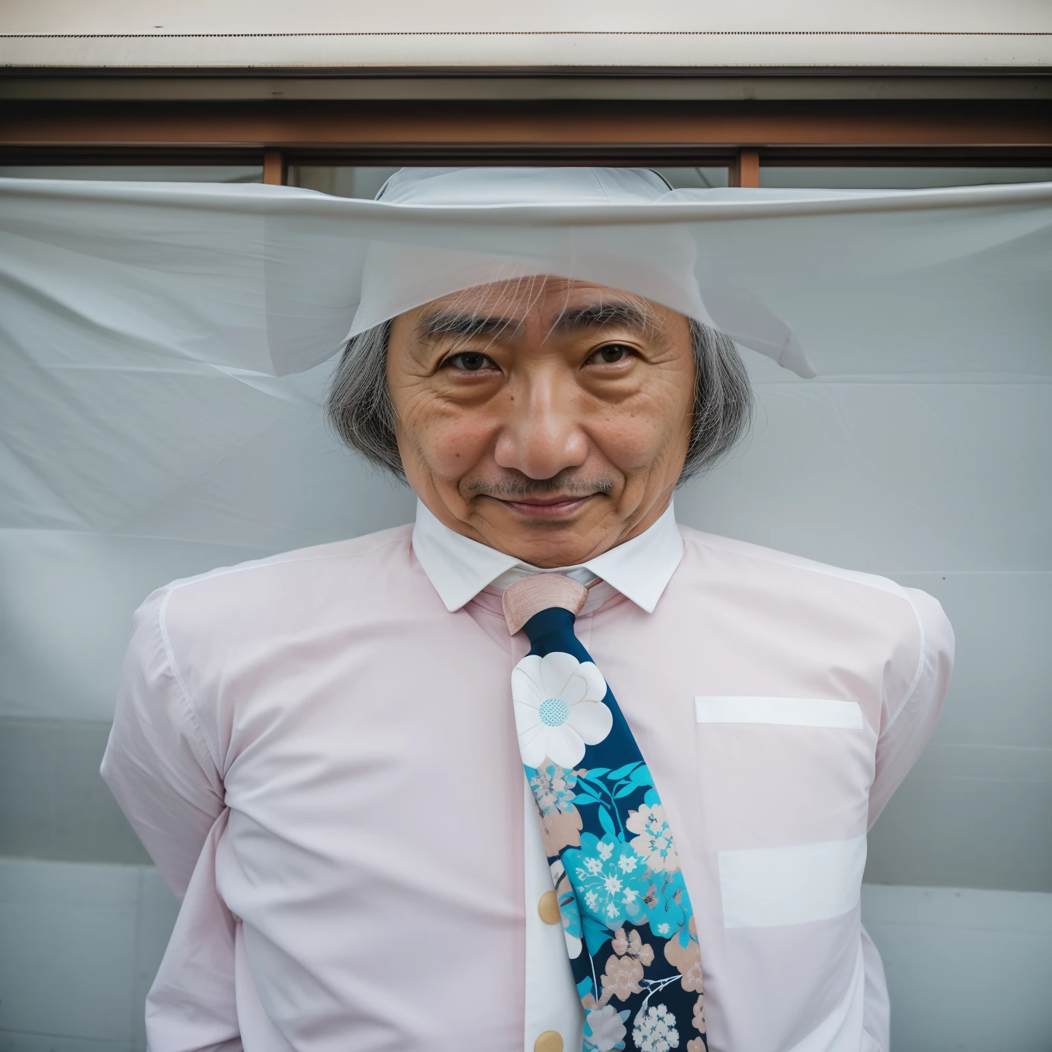 Japan Mafia,A old man,NSFW,Although there are muscles、It is also rich in fats, big bulge,Japanese houses,The tattoo,The color of the suit is light gray,Underwear is visible