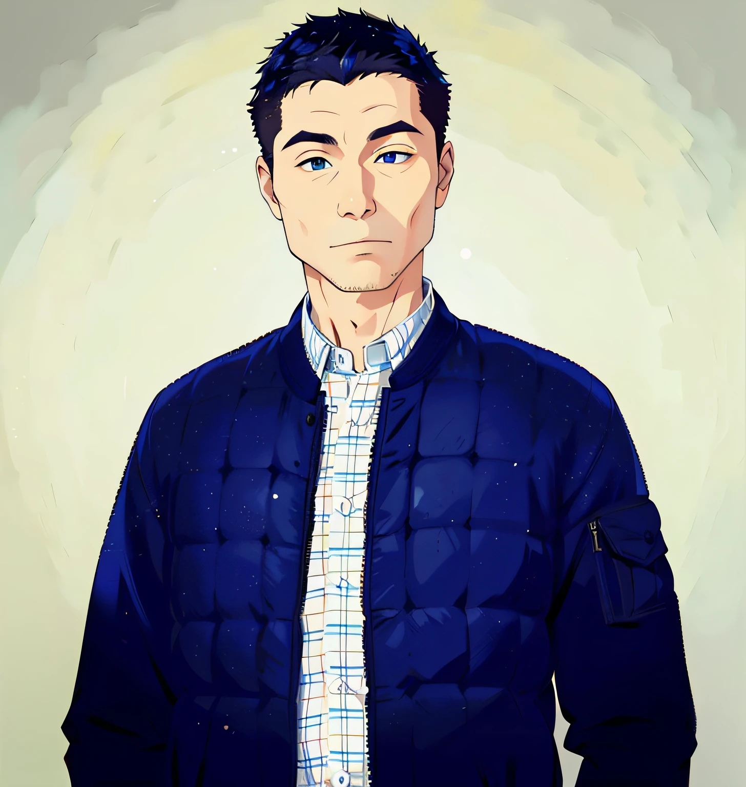 Man in blue jacket and plaid shirt,2D， Selfie Photos, cool guy，illustration，Good-looking，Black pupils
