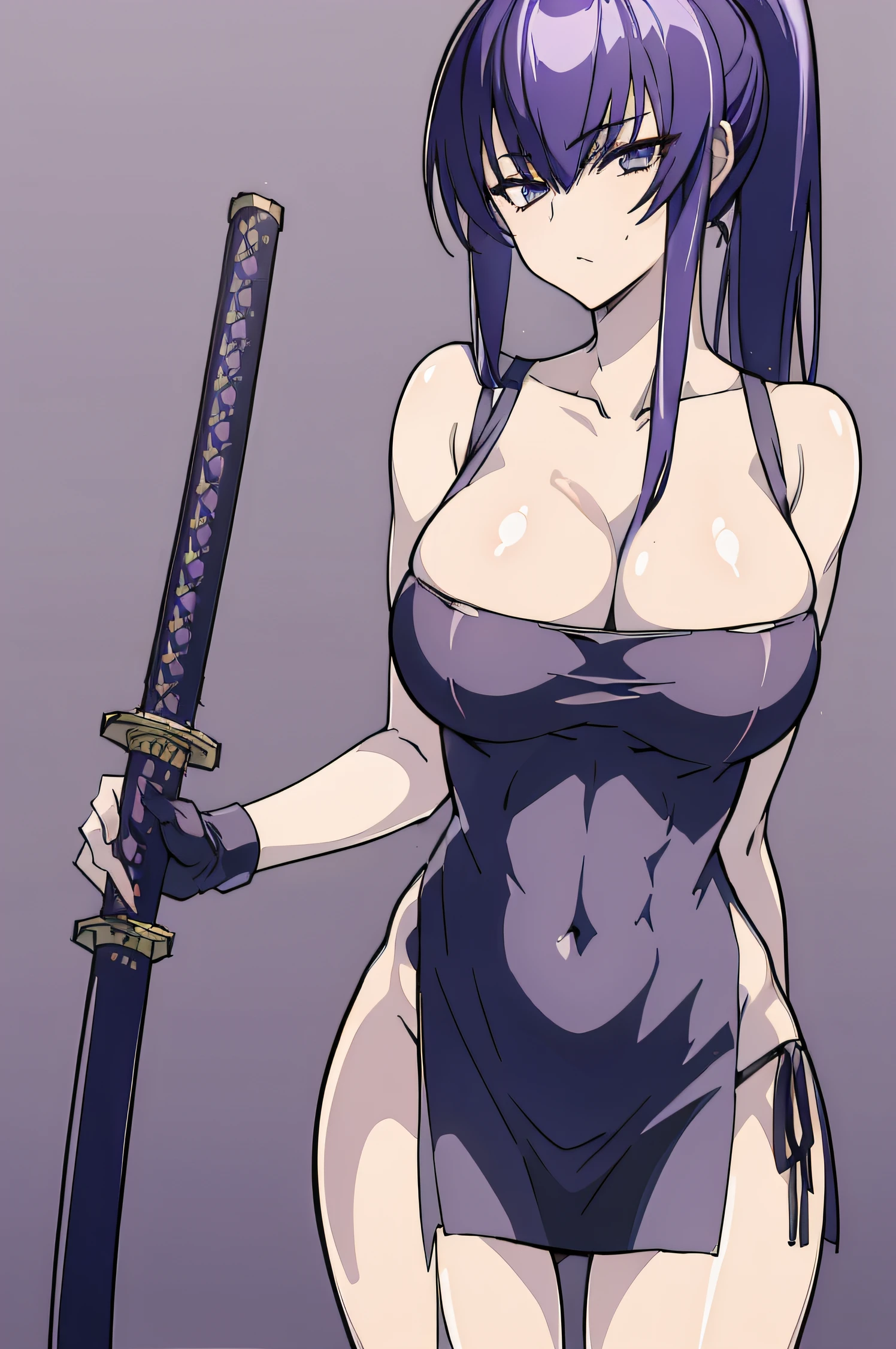 (masterpiece, best quality:1.2), cowboy shot, solo, 1girl, saeko busujima, sexy, NSFW, virgin killer sweater, revealing outfit, big breasts, katana, sexy back, sleeveless, minimal clothing, ponytail, beautiful, wardrobe malfunction, looking at viewer, absurdres, high res, ultrasharp, 8k, masterpiece