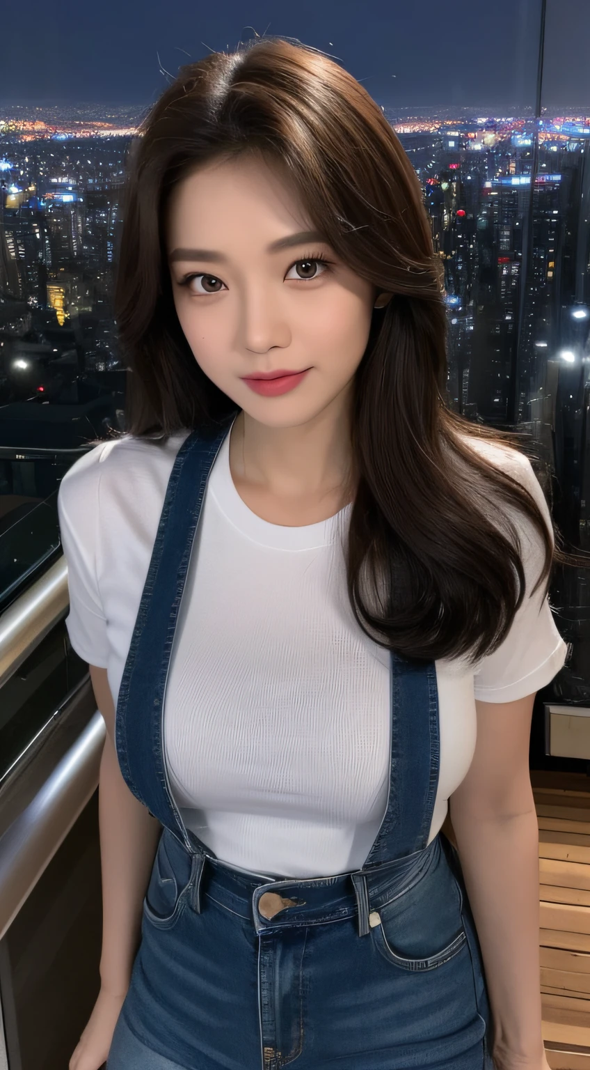 ((Midnight, Best quality, 8k, Masterpiece :1.3)), Whole body, Long legs, Sharp focus :1.2, A pretty woman with perfect figure :1.4, Slender abs :1.1, ((Dark brown hair, Big breasts :1.2)), (White tight tshirt, Jean bib, Standing:1.2), ((Night city view, Rooftop:1.3)), Highly detailed face and skin texture, Detailed eyes, Double eyelid
