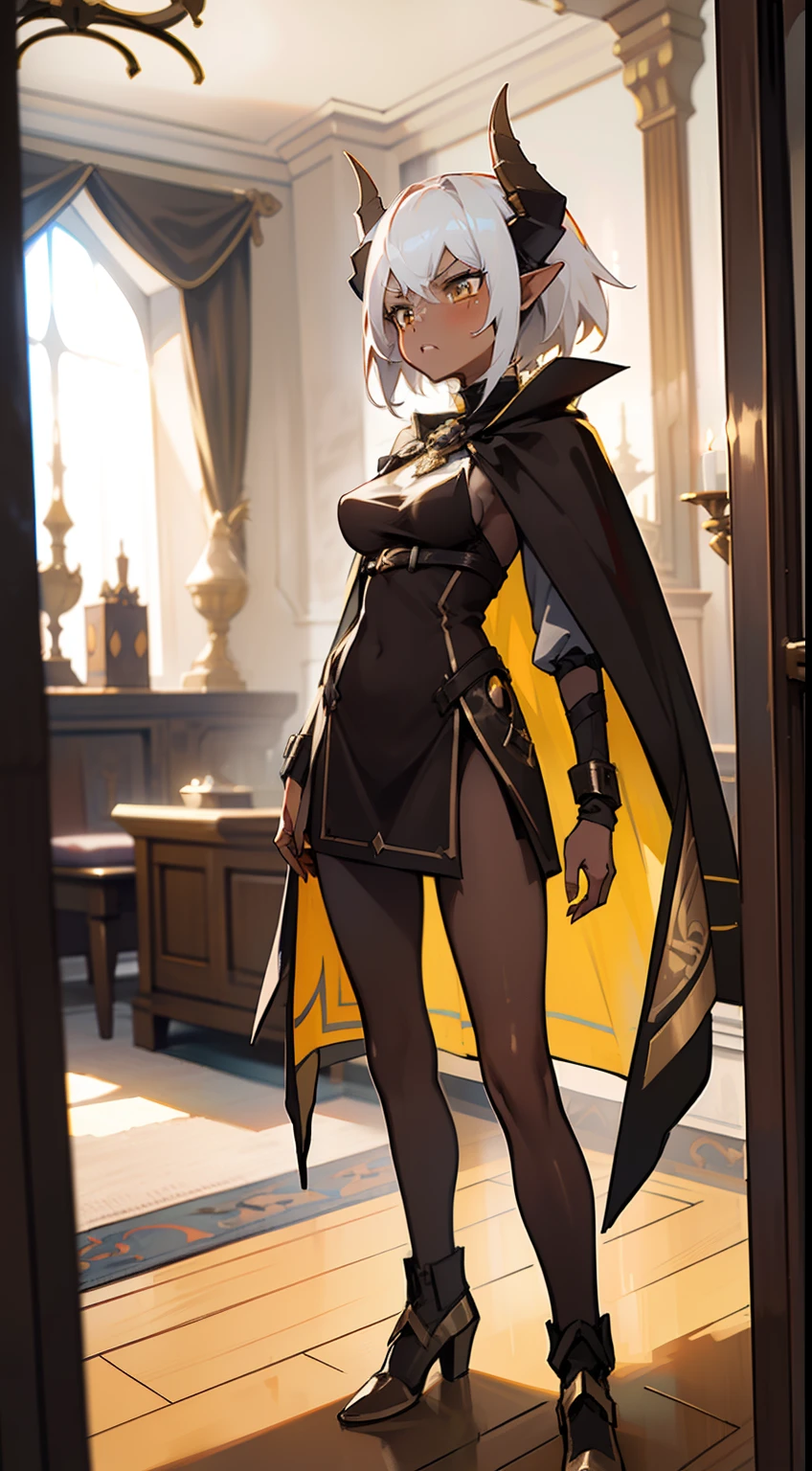 1girl 20 years,solo,(((brown skin))),angry face,black and golden short dress,medium tits,white hair,short hair,yellow eyes,elves ears,black horns,black pantyhose,Detailed,(long cape),(((standing in front of a room inside a castle))),hd,masterpiece,4k