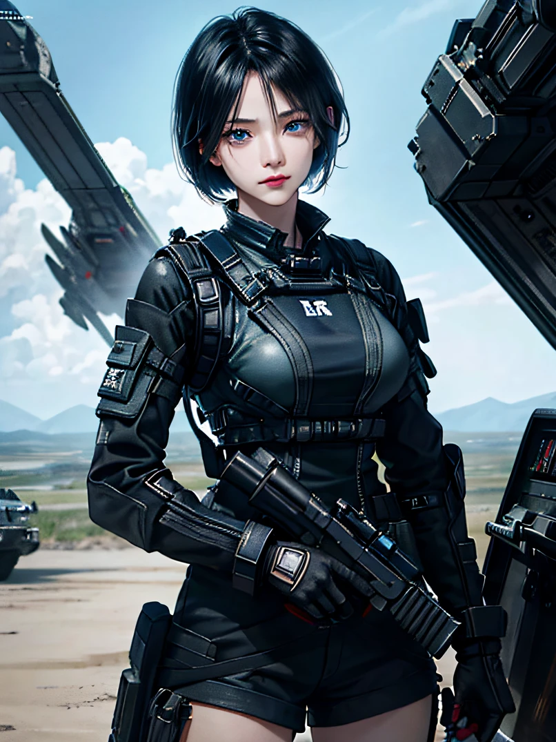 Official art、top-quality、超A high resolution、a science fiction film、adult  woman, 25 years old、Dark blue eyes、Black bob short-haired、military outfits、Full dress、Courteous military uniform、serious faces、Sharp eyes、Realistic face resolution、realisitic、Resolving Objects、The background is the battlefield、Spacecraft in the sky、Bullets fly around、Dynamic action