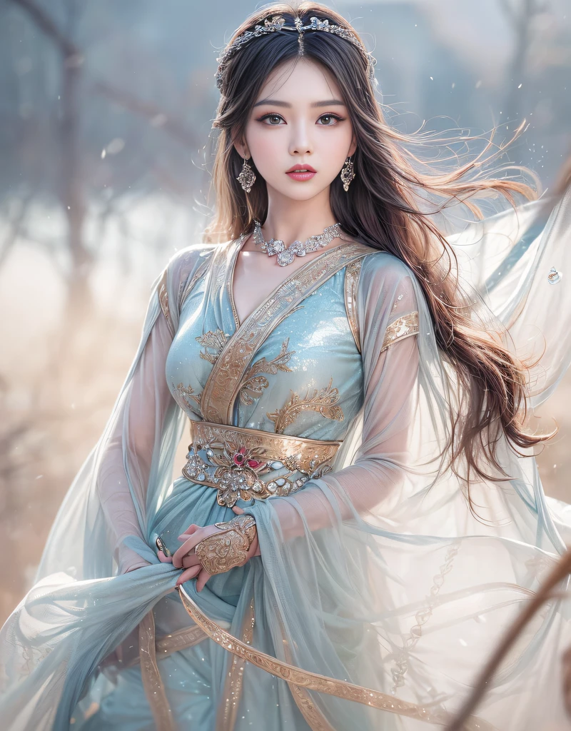 (beautiful model as Diao Chan in Chinese epic drama, beautiful Long hair), solo, ((face is 80% beauty and elegance, 20% pretty and cute:1.5)), (Her roots are in Eastern Europe and Asia), clear eyes, (detailed eyes, light brown eyes, bright pupils), Double Eyelids, (sexy lips with a little thickness:1.2), super detailed and incredibly high resolution shiny silver water sleeve costume, Highly Detailed Face Texture, (radiating confidence:1.25), striking body shape, curvy and very attractive woman, (pose emphasizing body shape:1.4), high-resolution RAW color photo pro photo, BREAK ultra high-resolution skin textures, High-res body rendering, big eyes, unparalleled masterpiece, incredible high resolution, super detailed, shiny skin, skin dantation, seductive gaze, stunning ceramic skin, BREAK Costume is (elaborate and gorgeous Chinese classical dance shiny silver water sleeve costume:1.5) and ((See-through shiny silver long skirts that dance in the wind:1.5)), (The main color is shiny silver:1.5), (Classical Chinese dance costumes with elaborate and graceful decorations:1.5), (Glittering ornaments such as necklaces and bangles), (Dancing under the moonlight on a slightly snowy night:1.5), BREAK ((Costume fluttering and fluttering by right rotational movement:1.5)), ((Hair flows in a right-handed rotary motion:1.5)), BREAK ((Best Quality, 8k)), Crisp Focus:1.2, (Layer Cut, Big:1.2), (Beautiful Woman with Perfect Figure:1.4), (Beautifully shaped and big breasts:1.3), Slender Abs、Wet Body:1.5, (Correct hand shape:1.5), (NSFW:0.5)