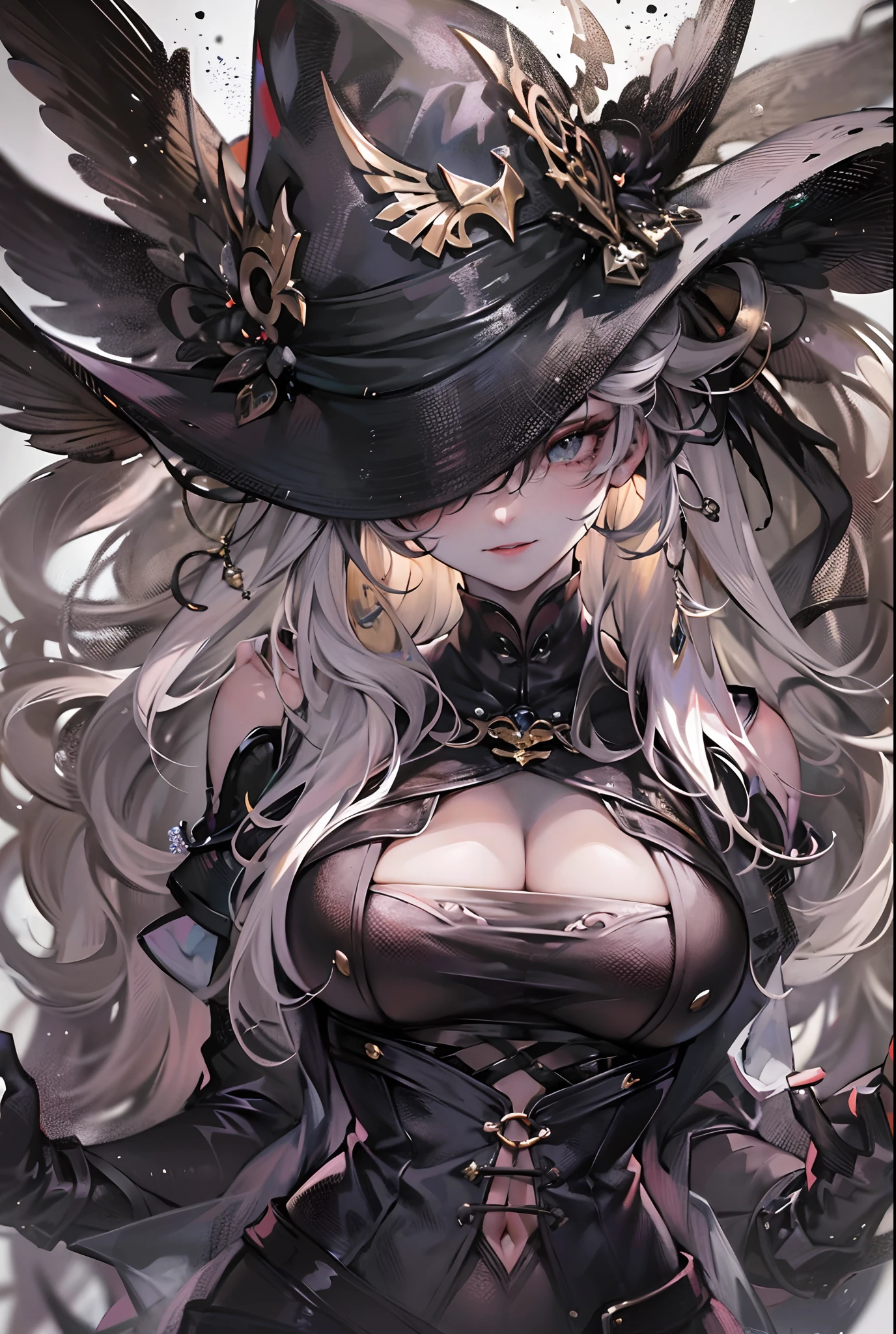 ((tmasterpiece)),(Best quality at best),(A half body),facing at camera,(ultra intricately detailed),(Highest definition),(8K),(Clean lines),(Perfect facial features,Perfect flesh),(offcial art),1Blittle girl,mobs,thief,Bigboobs,Maniacal laughter,(Master of tricks),magister,Peerless beauty,black leather clothes,Pale skin,mischief,hoang lap,Dark style,comical,artifice,Joke