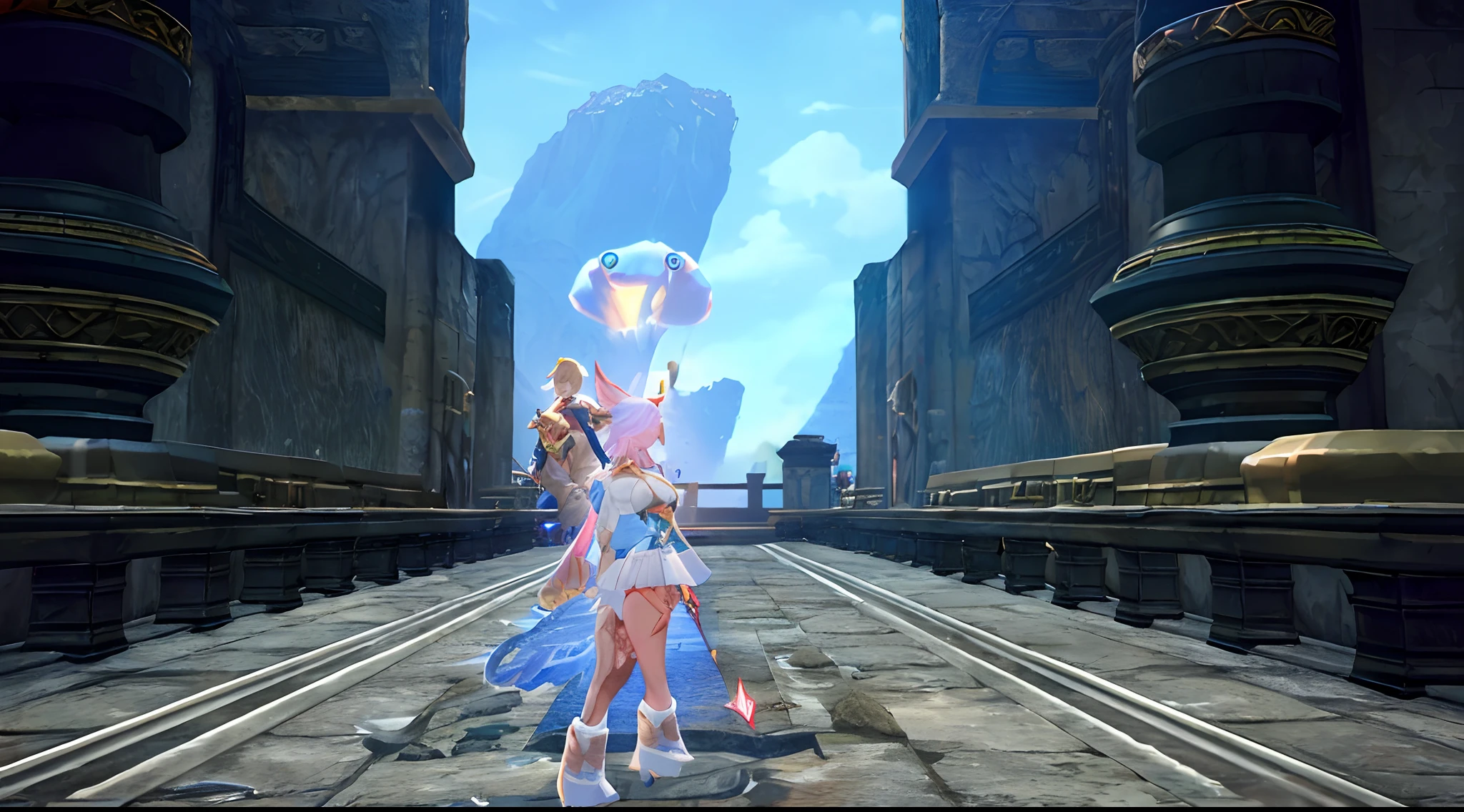 There are two women standing in a large room with a giant statue., <Escena MMORPGS, Final Fantasy 1 4 captura de pantalla, Estilo Final Fantasy 14, PC captura de pantalla, Espada y alma, ffxiv cielo, MMORPG Fantasy, Lalafell, tranding en pxiv, Jugabilidad MMORPG, MMORPG, Final Fantasy XIV, MMO, Captura de pantalla HD, ffxiv
