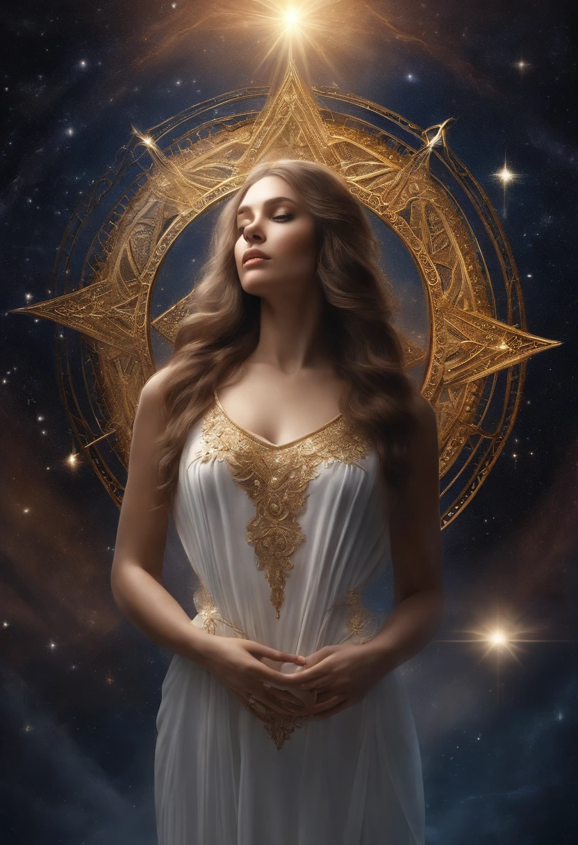 (best quality,realistic:1.2),one person in the center of a pentagram with Jesus and the cosmos,illustration,detailed figure,female,medium-long flowing hair,serene face and expression,complete view of the person's body,beautiful detailed eyes,beautiful detailed lips,peaceful and calm atmosphere,divine light shining down on the person,extravagant golden pentagram on the ground,glowing with ethereal energy,jaw-dropping cosmic scenery in the background,clusters of stars and galaxies filling the universe,sparkles of starlight radiating from the person's fingertips,elegant and flowing white gown with intricate patterns,soft and radiant heavenly colors,sublime spiritual aura,subtle mix of gold, blue, and purple tones,subtle yet powerful contrasts of light and shadow,crisp and clear details of textures and materials,professional-grade rendering and attention to precise anatomical proportions,smooth and flawless brushstrokes,meticulously crafted and captivating portrait,impeccable blending of colors and gradients,awe-inspiring sense of depth and dimension.