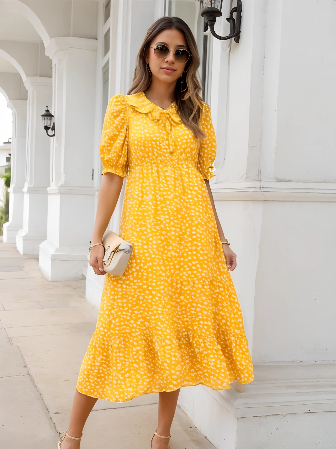 a woman wearing a yellow dress and sunglasses standing on a sidewalk, senhora usando vestido amarelo, usando um vestido amarelo, wearing a summer dress, usando um longo vestido florido, vestido ornamentado amarelo, Wearing a flowing dress, bolinhas, summer dress, vestido, wearing a flowing sundress, flowey, Flowing dress, usando um vestido longo, Roupas amarelas