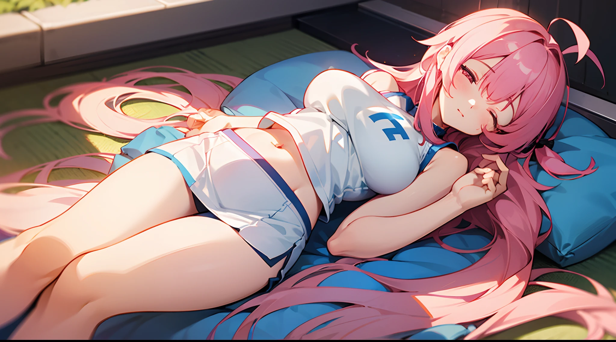 1 girl, game CG, sleeveless blue gym uniform, belly button visible, short white skirt, hair ribbon, gigantic breasts, pink hair, long hair, straight hair, ahoge, pink eyes, outdoor, sleeping, lying down, eyes closed,