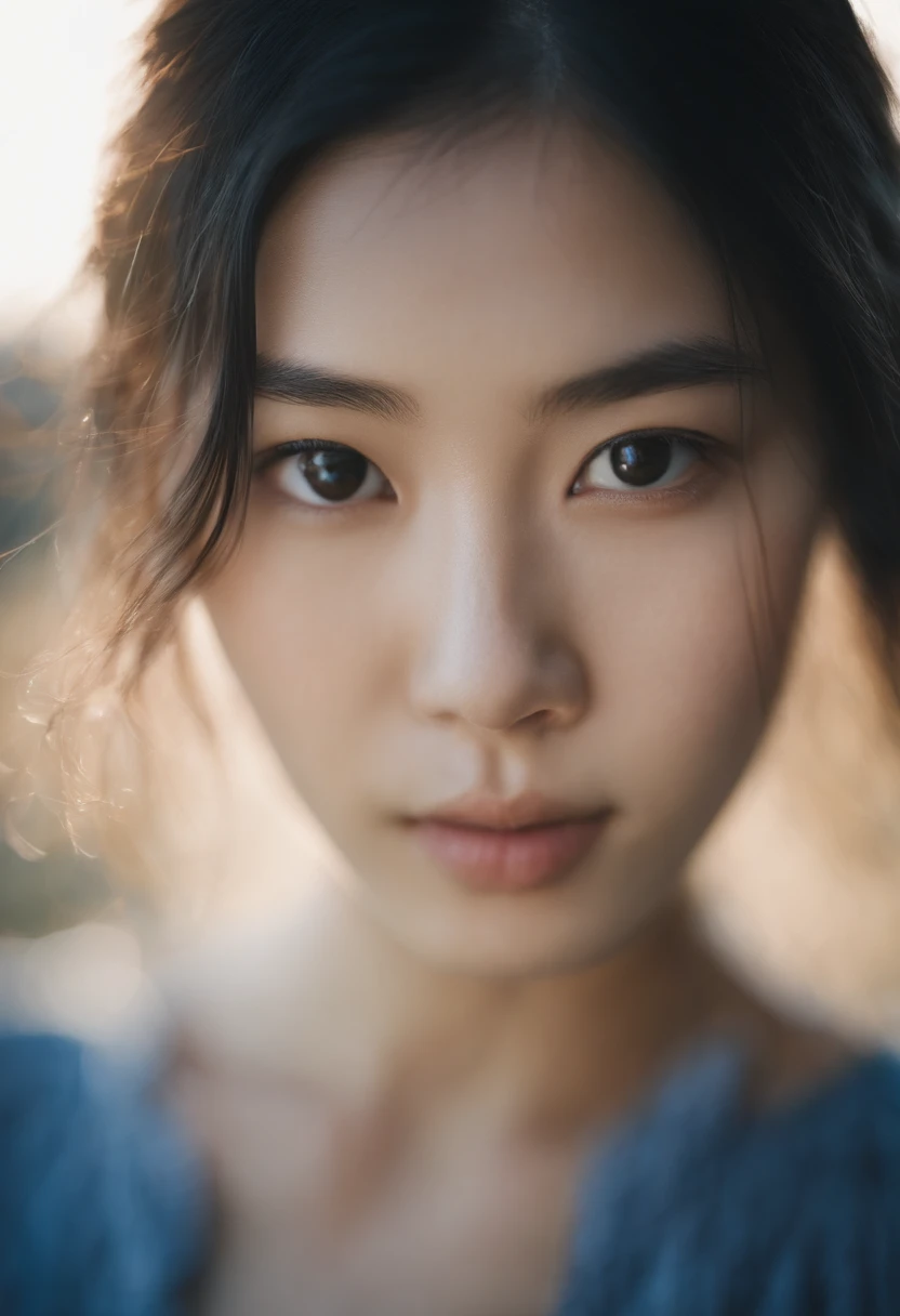 This is a close-up front view portrait of a 20-year-old beautiful Japanese girl, photographed by Hidemi Shimura. The image captures the girl with water on her face, with soft lighting that emphasizes her innocent and pure eyes, highlighting every detail. ,with a pale face set against a blue sky, with a misty and foggy, dreamy haze. The image is photorealistic, ultra-high definition, and showcases intricate details that were captured with manual focus.kadak portra 400nc, SMC Pentax 75mm F2.8AL，upper body