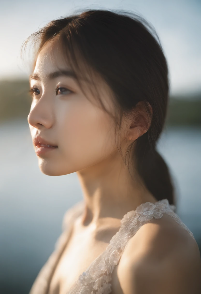 This is a close-up front view portrait of a 20-year-old beautiful Japanese girl, photographed by Hidemi Shimura. The image captures the girl with water on her face, with soft lighting that emphasizes her innocent and pure eyes, highlighting every detail. ,with a pale face set against a blue sky, with a misty and foggy, dreamy haze. The image is photorealistic, ultra-high definition, and showcases intricate details that were captured with manual focus.kadak portra 400nc, SMC Pentax 75mm F2.8AL,upper body