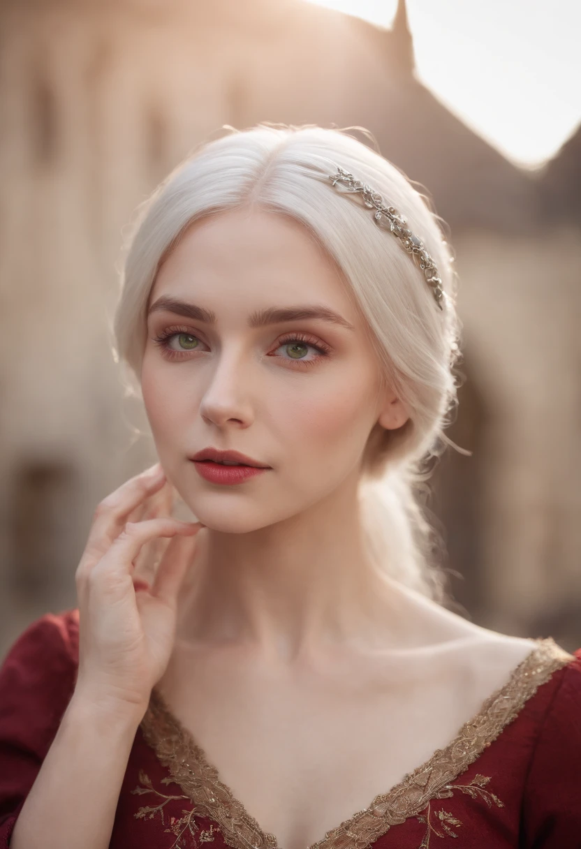 (((a deep reddish wound crosses her left cheek))) fair complexion, woman around 19 years old, natural white hair, distinctive green eyes, wearing kohl, slender and graceful, beautiful, candlelight in a medieval setting, ultra sharp focus, realistic shot, medieval female clothes, tetradic colors (scar:1.4)