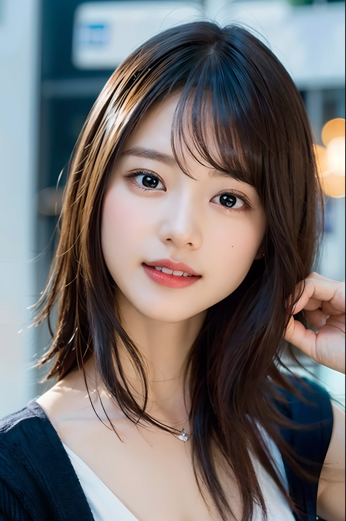 (8k、RAW Photography、top-quality、​masterpiece:1.2)、(realisitic、Photorealsitic:1.37)、ultra-detailliert、超A high resolution、女の子1人、see the beholder、beautifull detailed face、a smile、Constriction、(slim waist) :1.3)、The shirt、Beautiful detailed skin、Skin texture、floated hair、profetional lighting、large full breasts、cleavage of the breast、Open the chest of the shirt wide