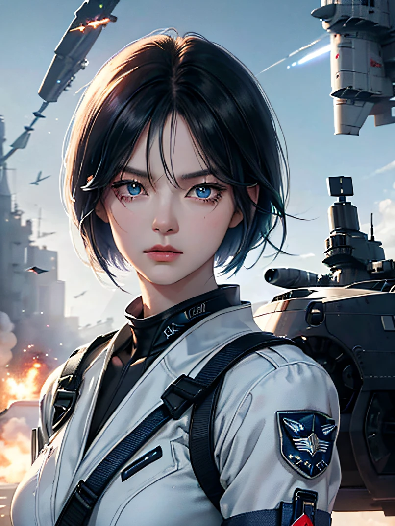 top-quality、超A high resolution、a science fiction film、adult  woman, 25 years old、Dark blue eyes、Black bob short-haired、Air Force uniform、serious faces、Sharp eyes、Realistic face resolution、realisitic、Resolving Objects、The background is the battlefield、Spacecraft in the sky、Bullets fly around、Dynamic action